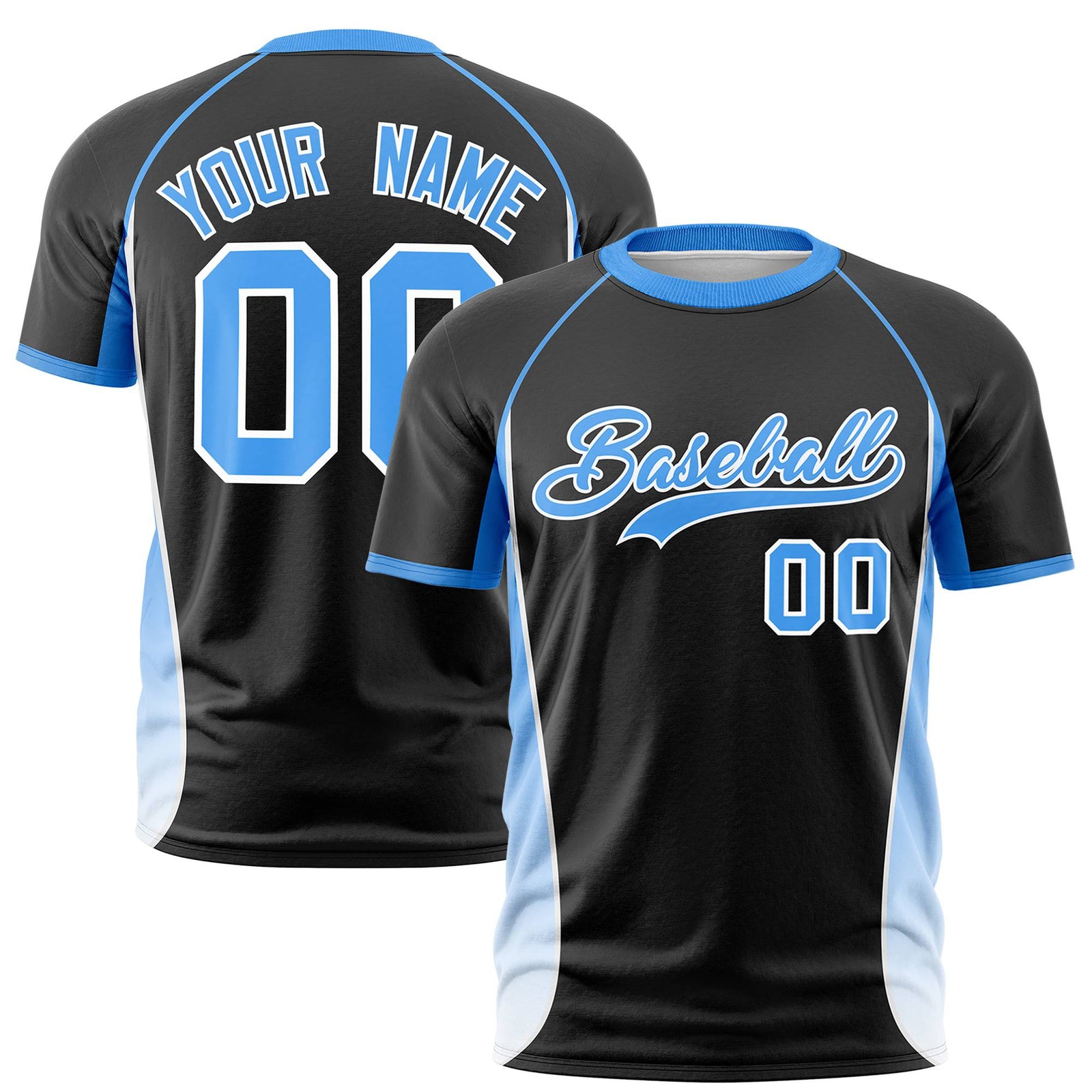 Custom Black Powder Blue-White Crew neck Side Gradient Fashion Performance T-Shirt