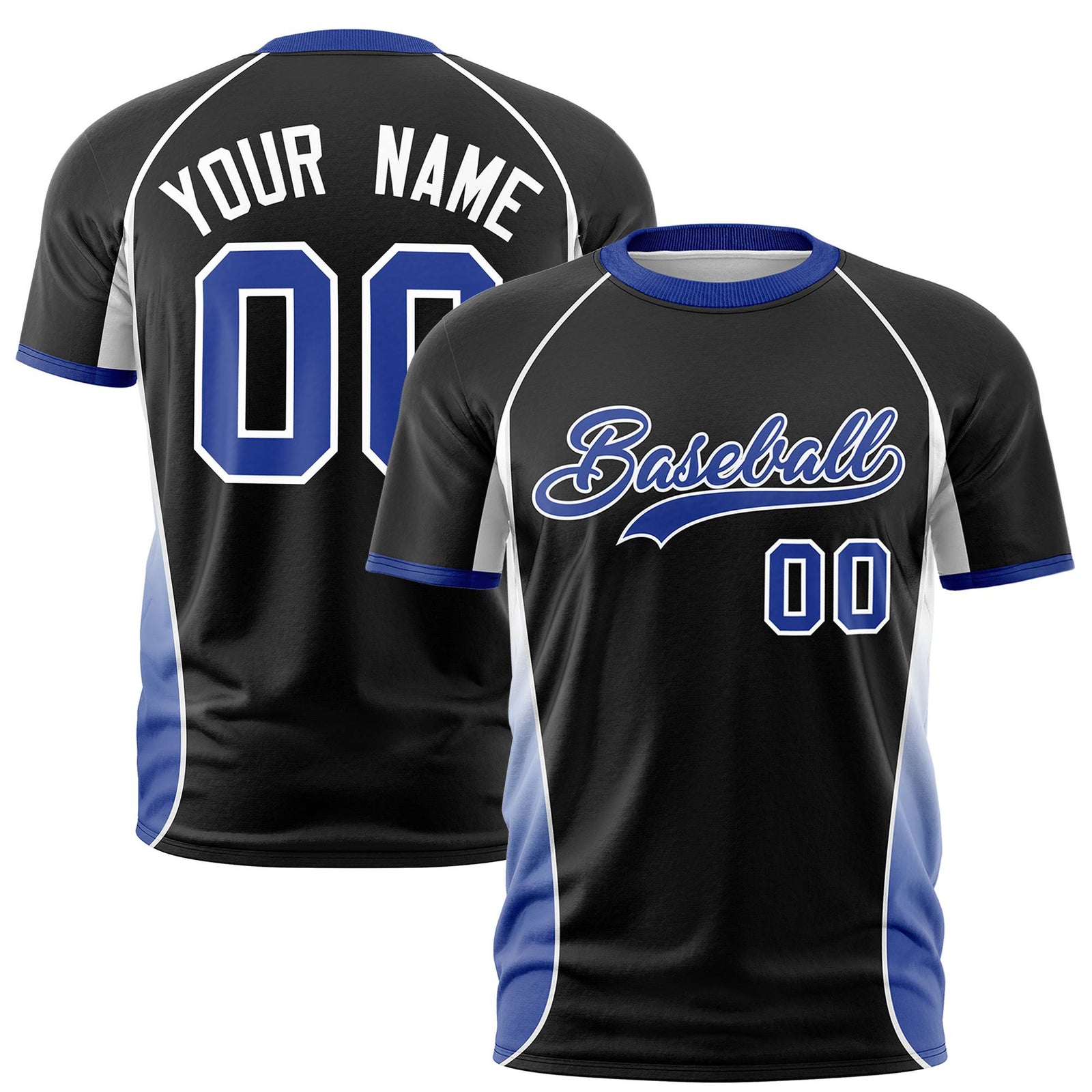 Custom Black White-Royal Blue Crew neck Side Gradient Fashion Performance T-Shirt