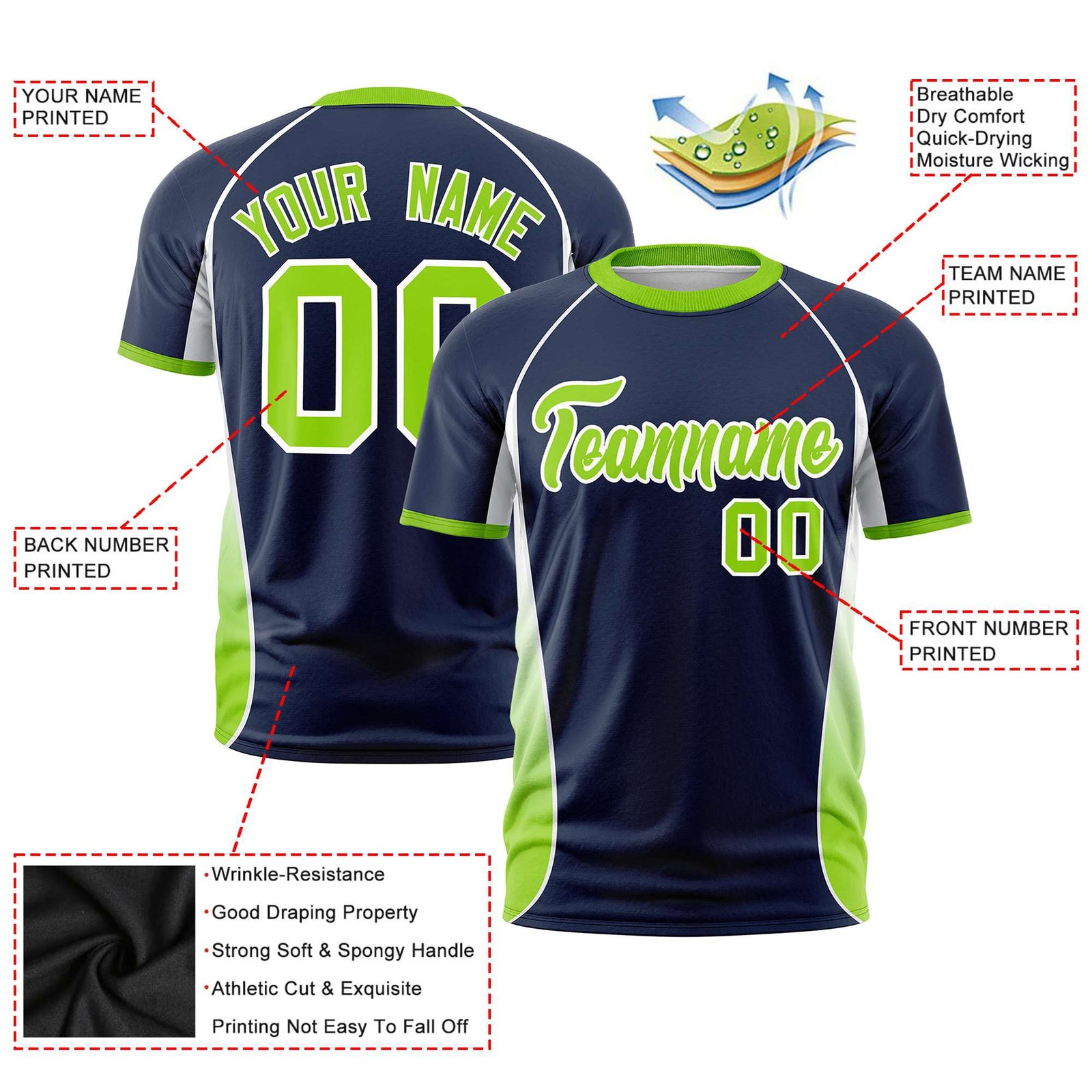 Custom Navy White-Neon Green Crew neck Side Gradient Fashion Performance T-Shirt