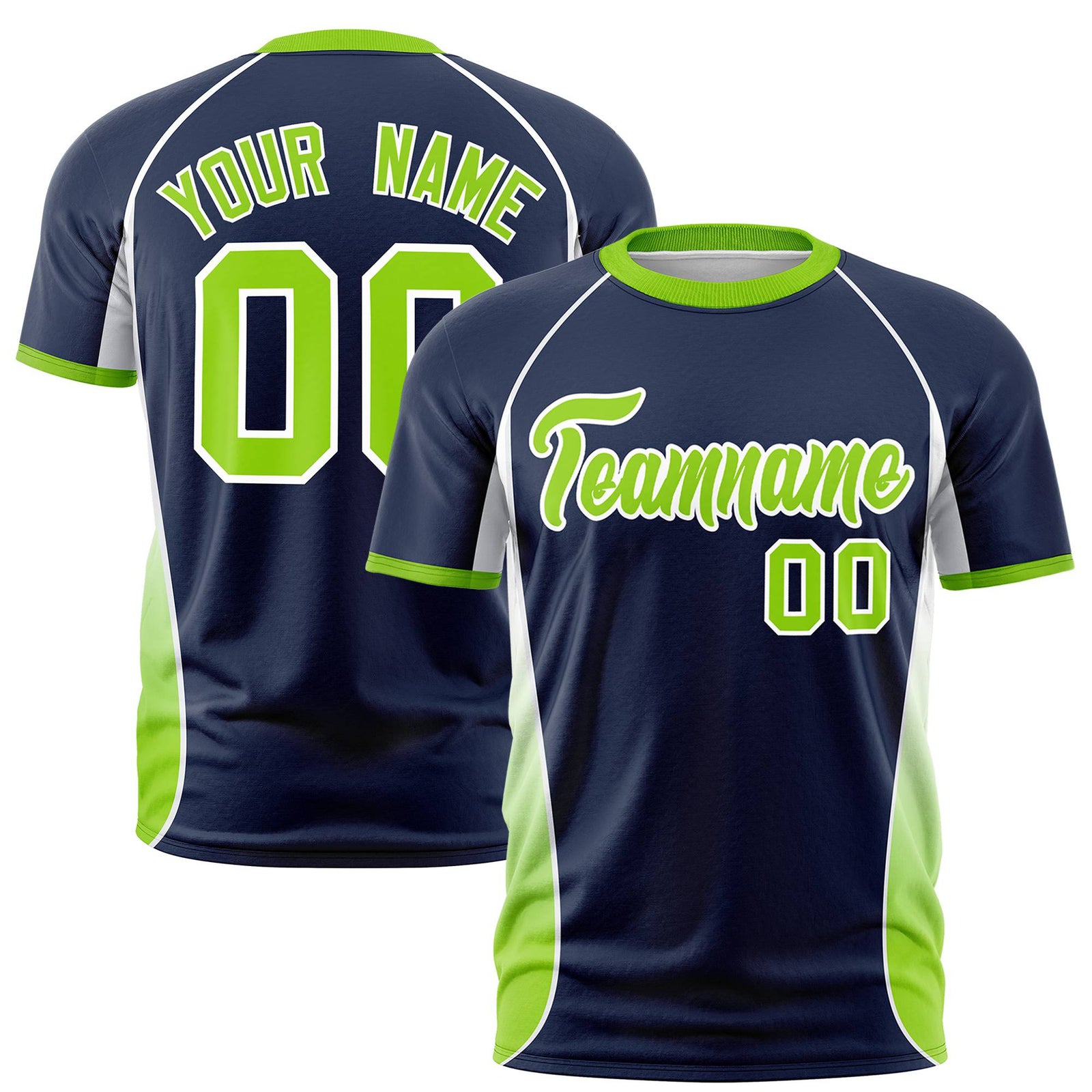Custom Navy White-Neon Green Crew neck Side Gradient Fashion Performance T-Shirt