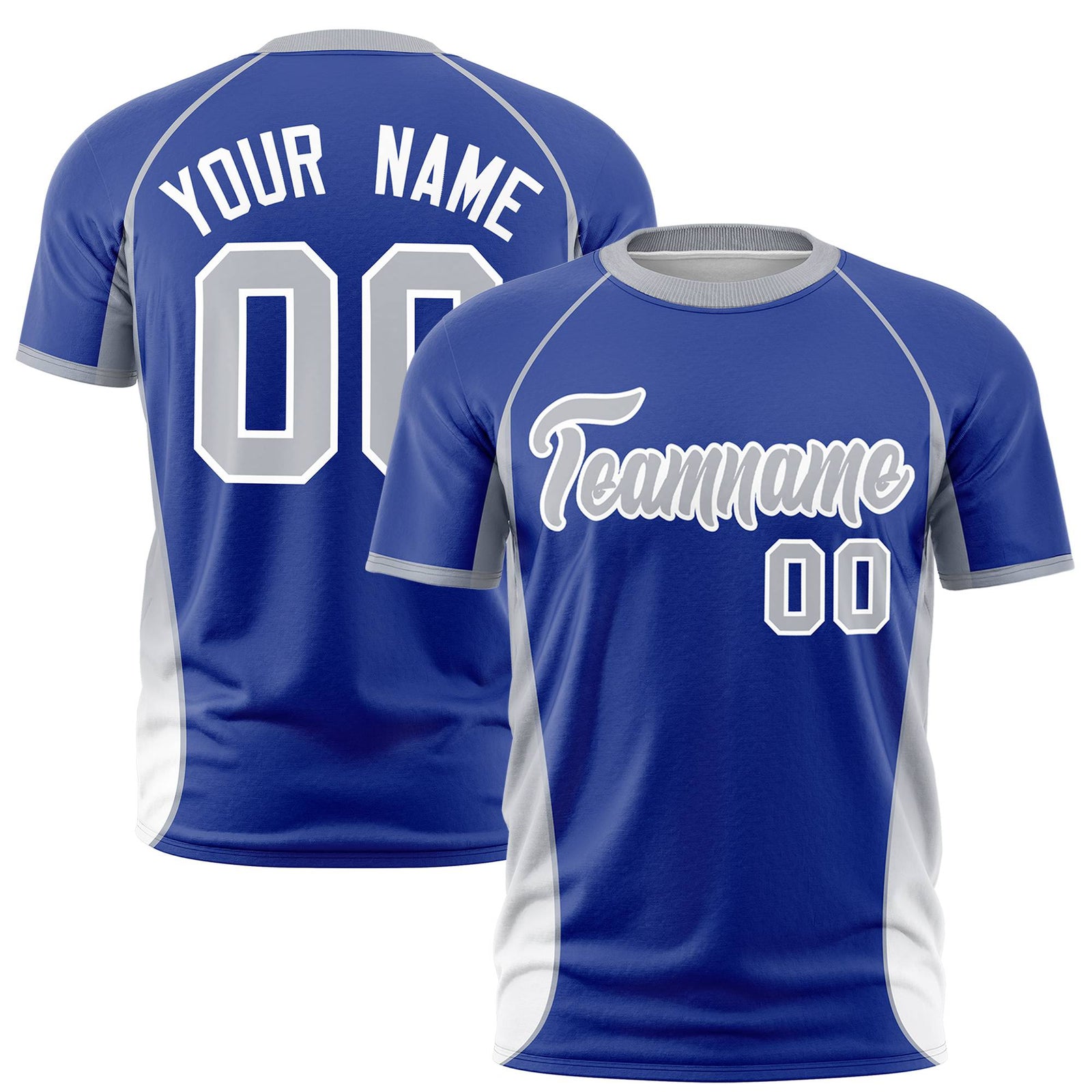 Custom Royal Blue Gray-White Crew neck Side Gradient Fashion Performance T-Shirt