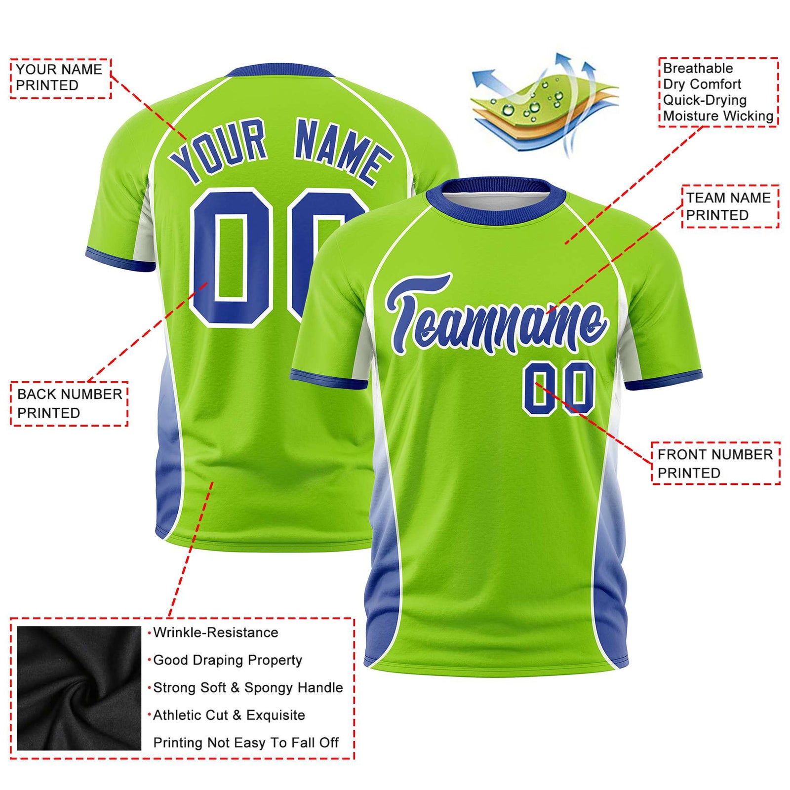 Custom Neon Green White-Royal Blue Crew neck Side Gradient Fashion Performance T-Shirt