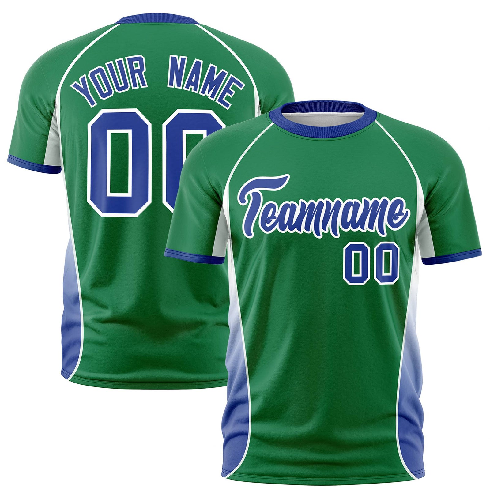 Custom Kelly Green White-Royal Blue Crew neck Side Gradient Fashion Performance T-Shirt