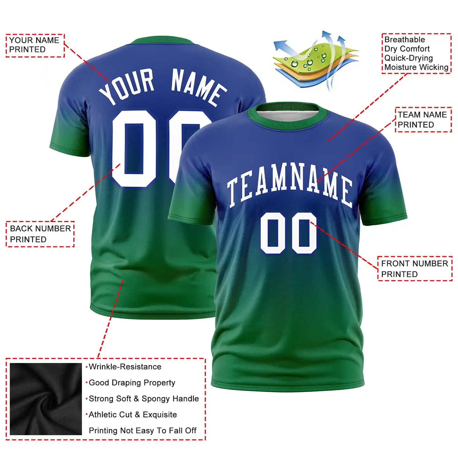 Custom Royal Blue-Kelly Green Gradient Fashion Design Performance T-Shirt