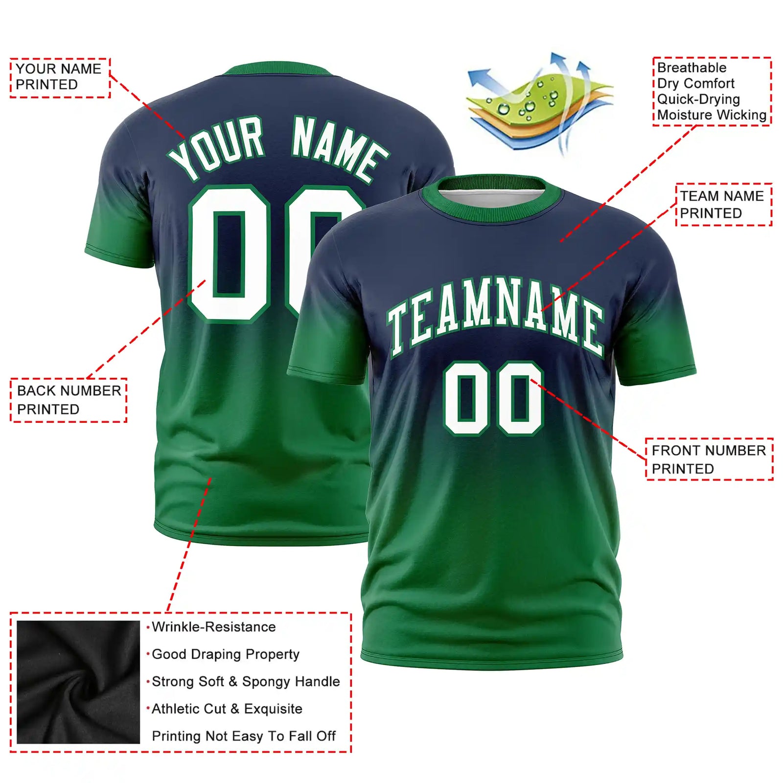 Custom Navy-Kelly Green Gradient Fashion Design Performance T-Shirt