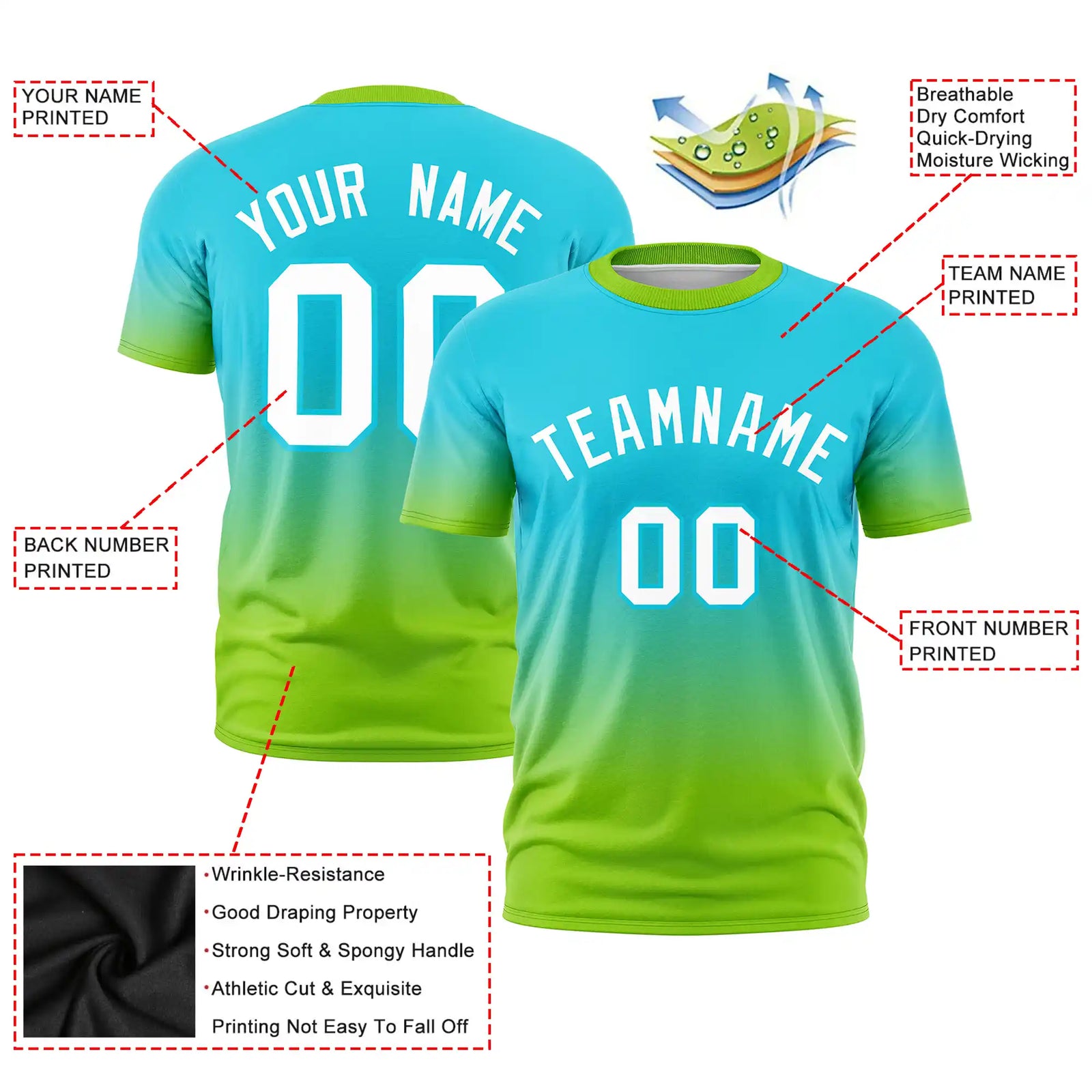 Custom Sky Blue-Neon Green Gradient Fashion Design Performance T-Shirt