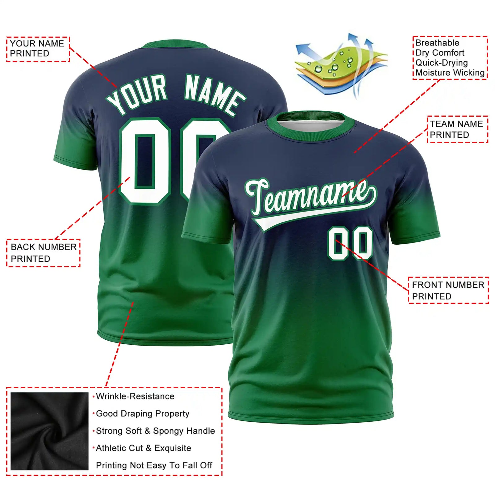 Custom Navy-Kelly Green Gradient Fashion Design Performance T-Shirt