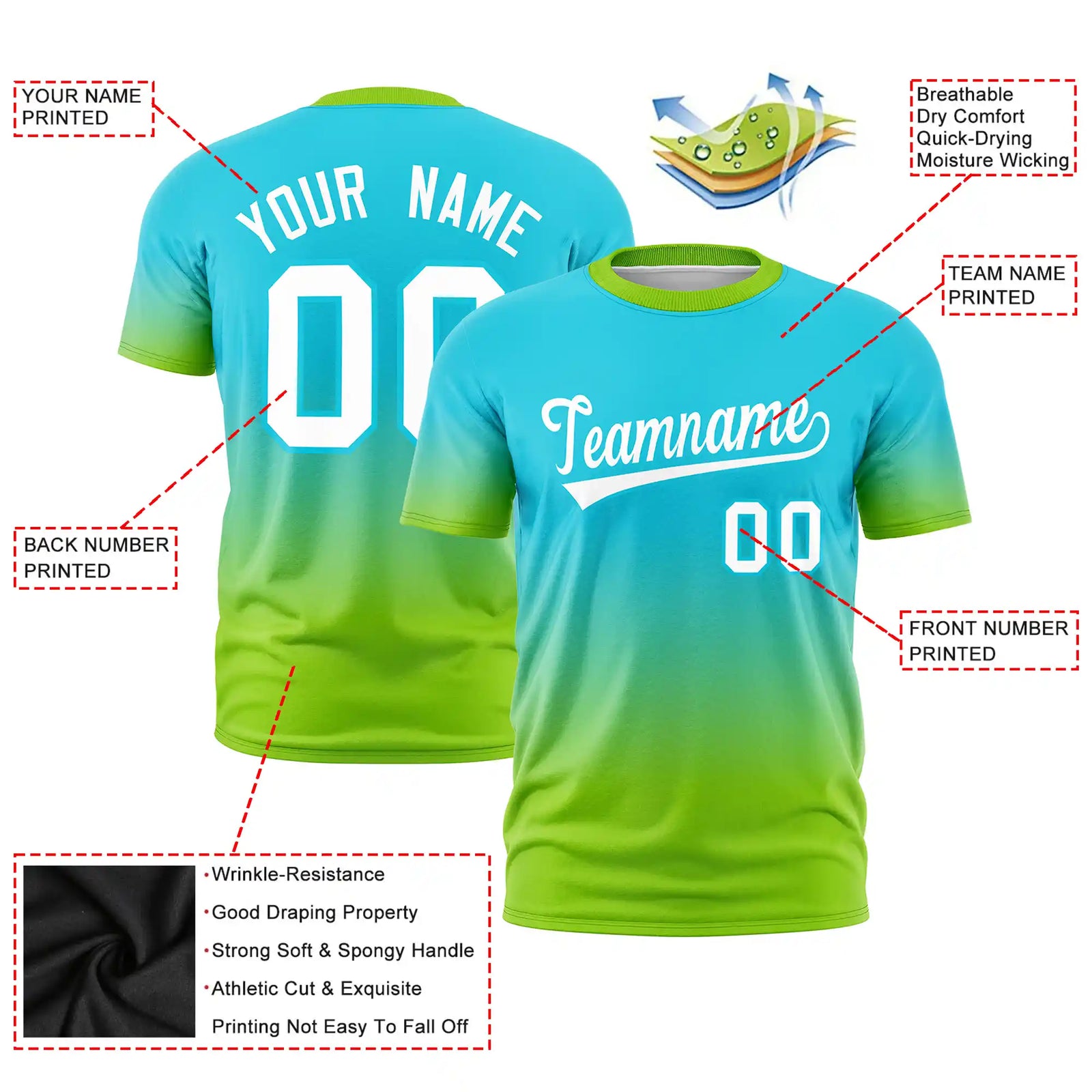Custom Sky Blue-Neon Green Gradient Fashion Design Performance T-Shirt