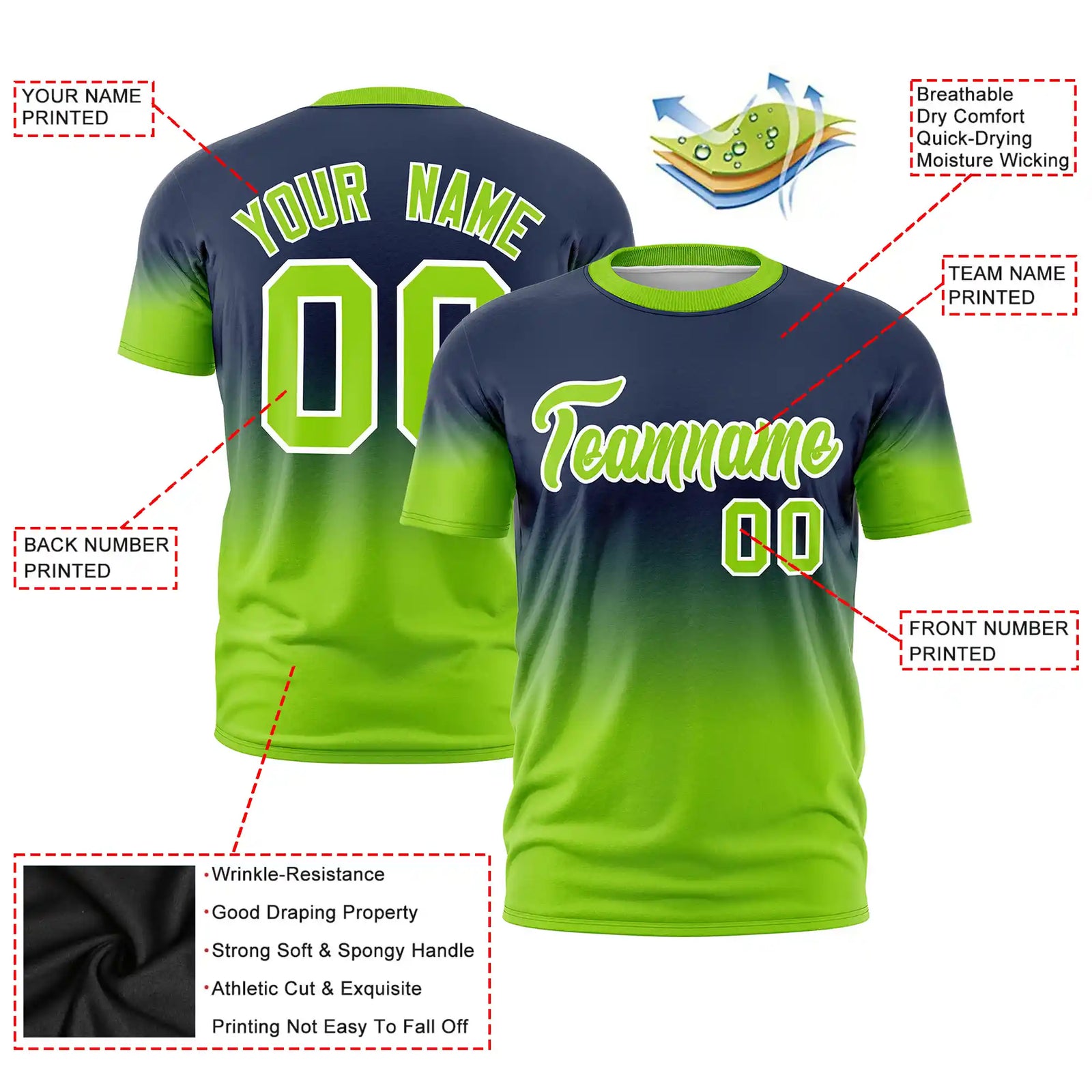 Custom Navy-Neon Green Gradient Fashion Design Performance T-Shirt