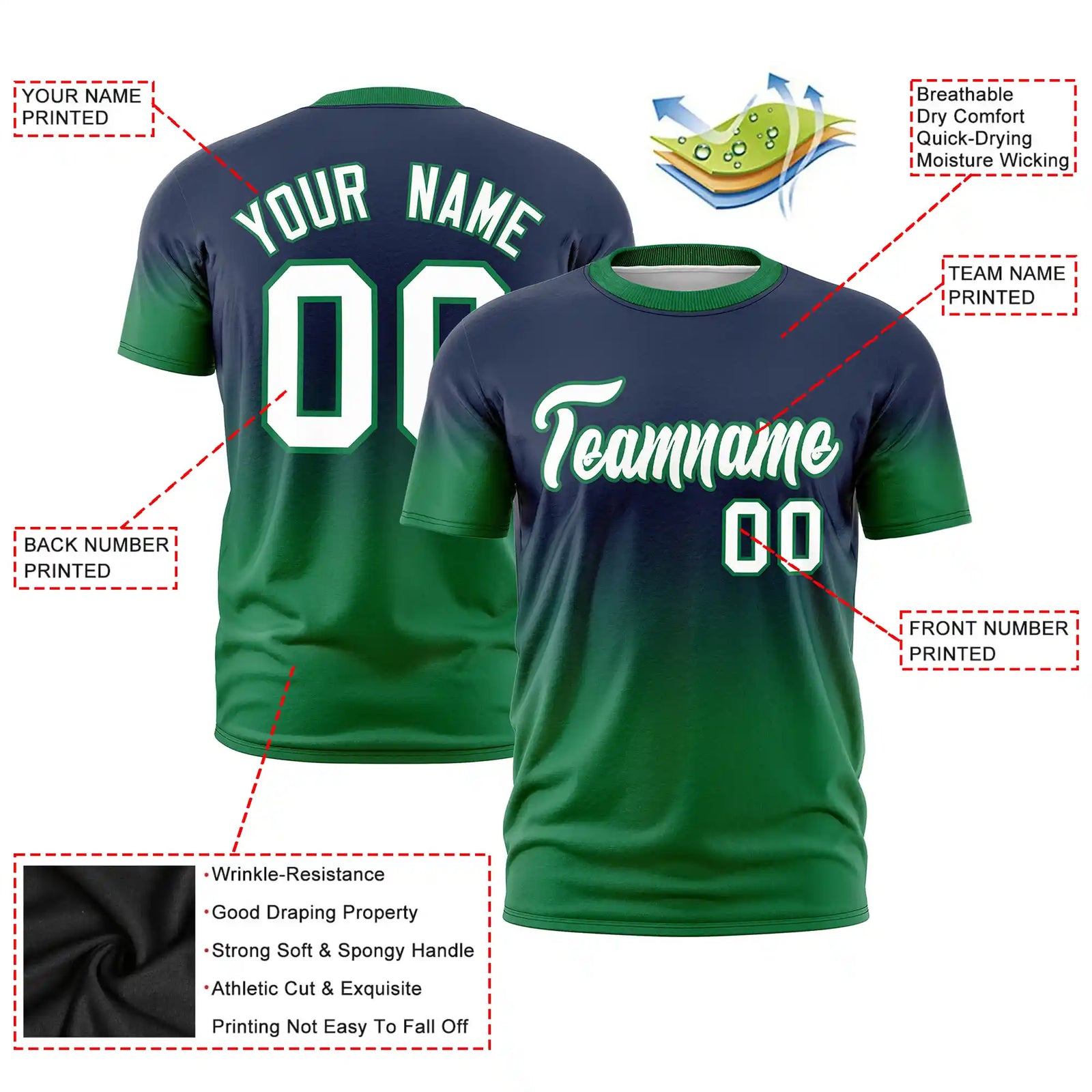 Custom Navy-Kelly Green Gradient Fashion Design Performance T-Shirt