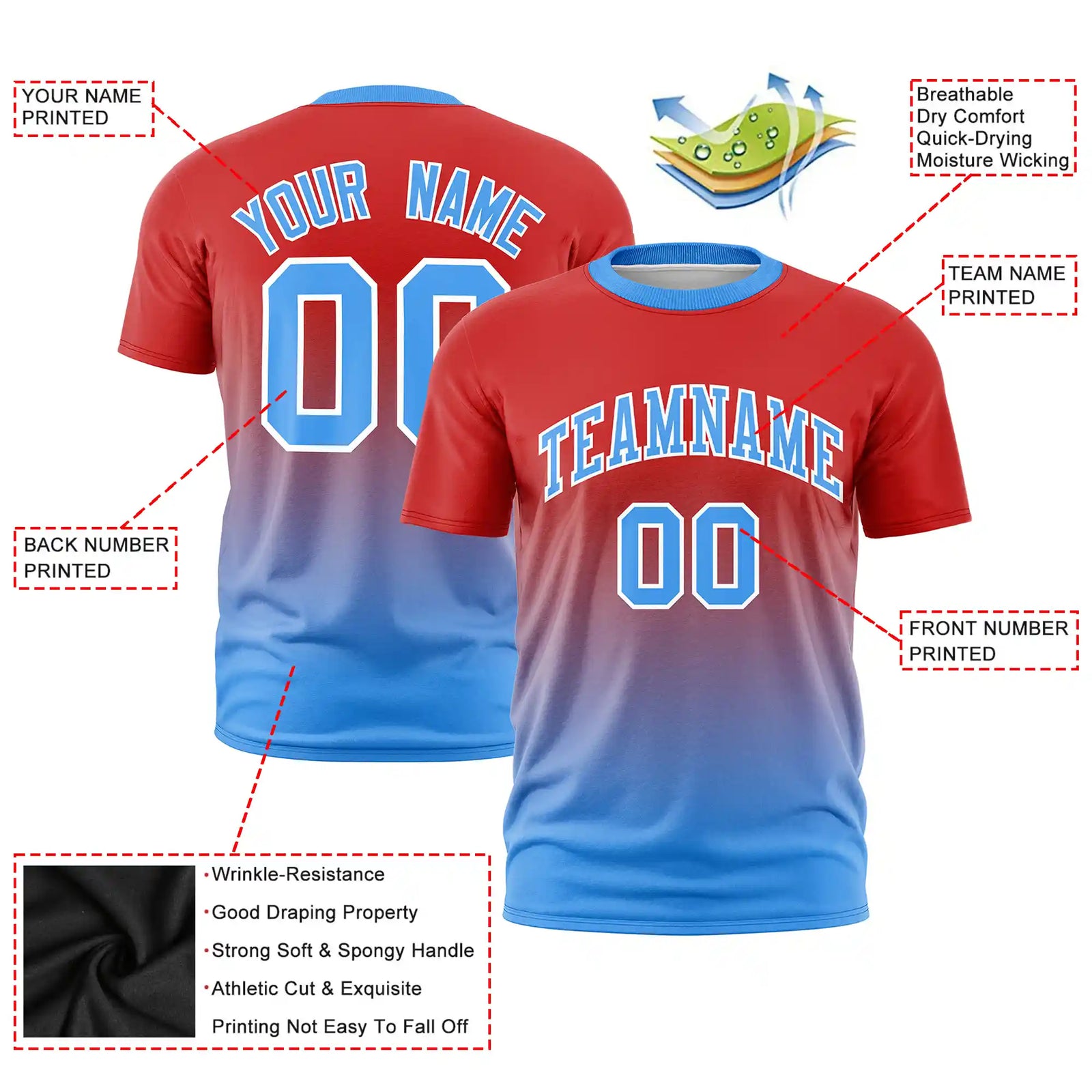 Custom Red-Powder Blue Gradient Fashion Design Performance T-Shirt