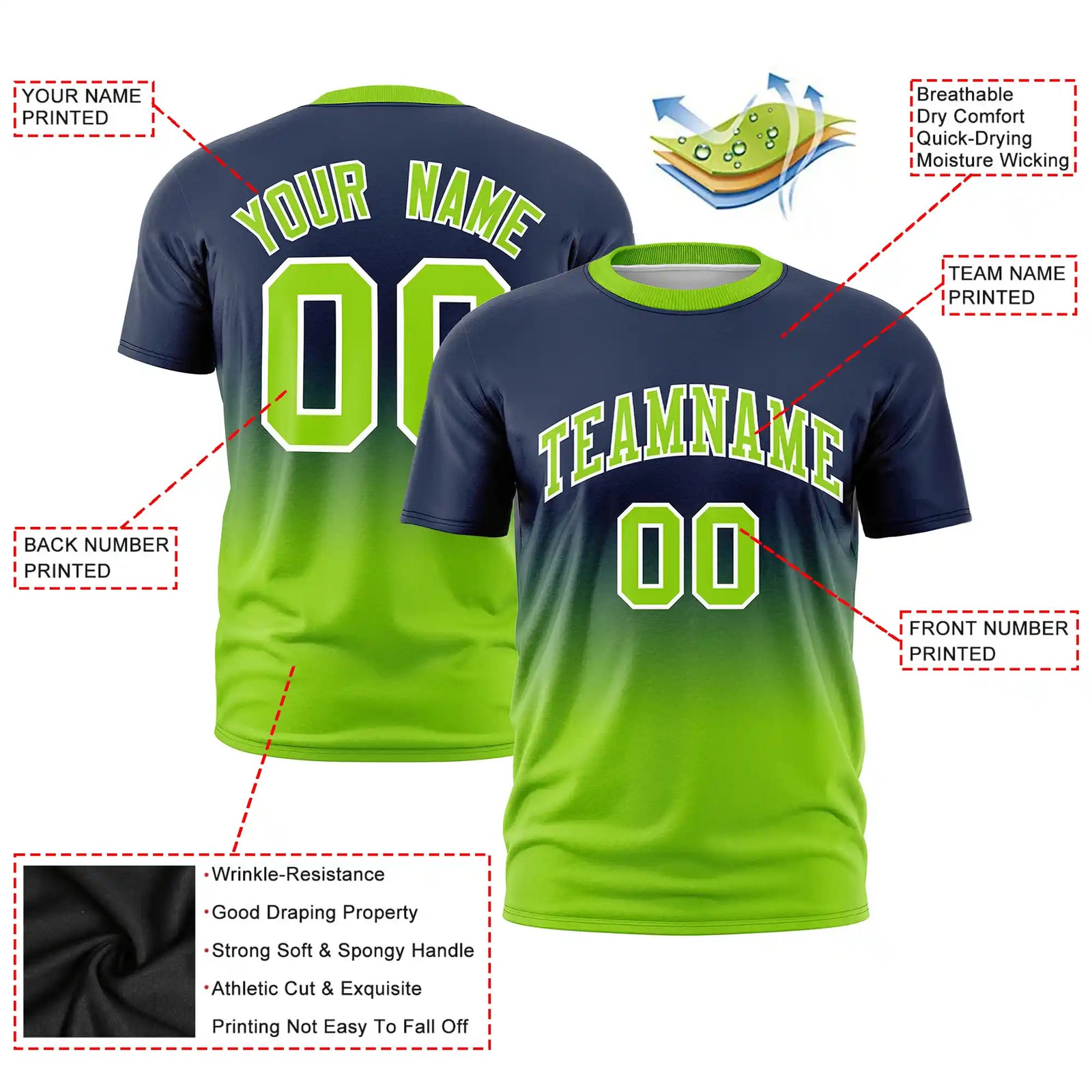 Custom Navy-Neon Green Gradient Fashion Design Performance T-Shirt