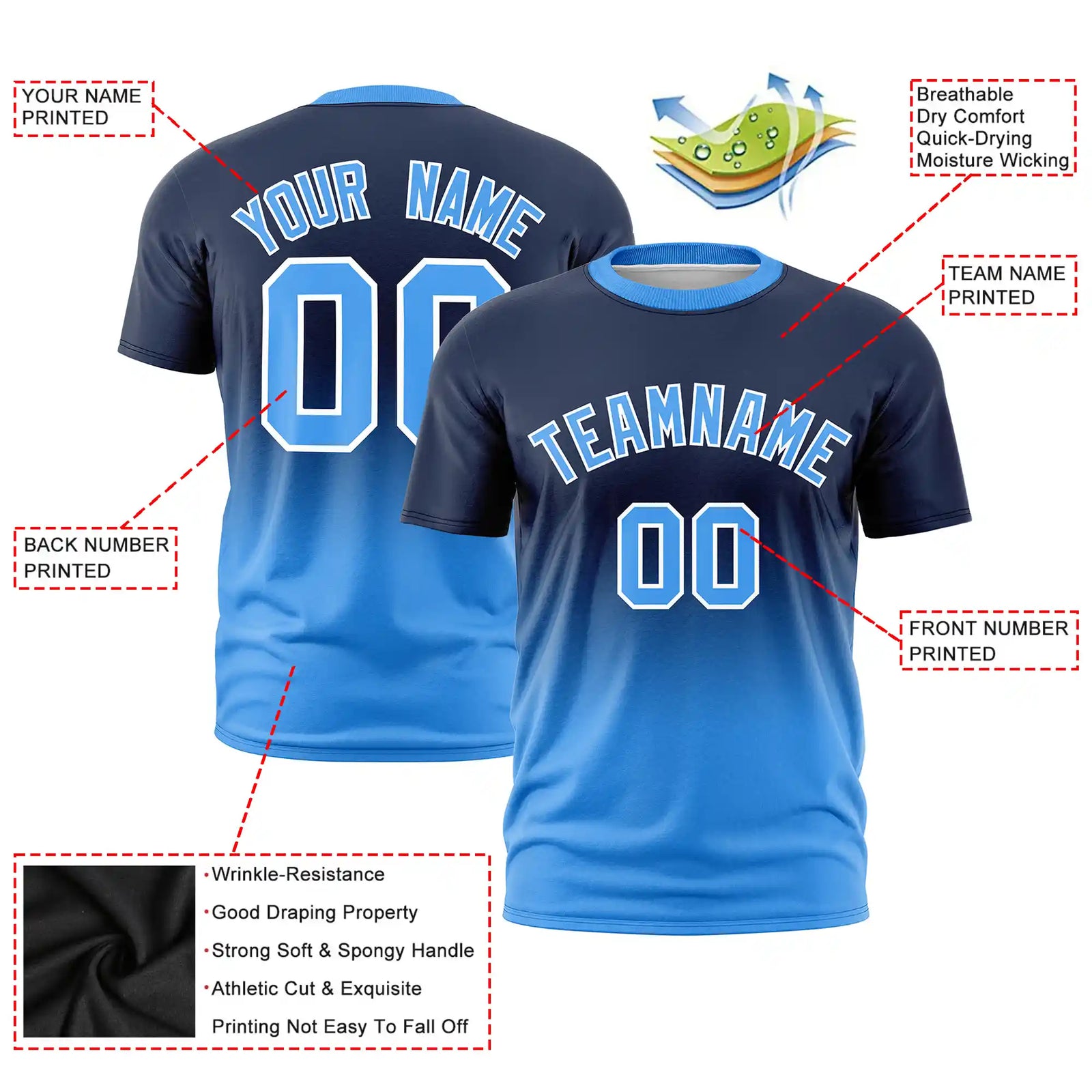 Custom Navy-Powder Blue Gradient Fashion Design Performance T-Shirt