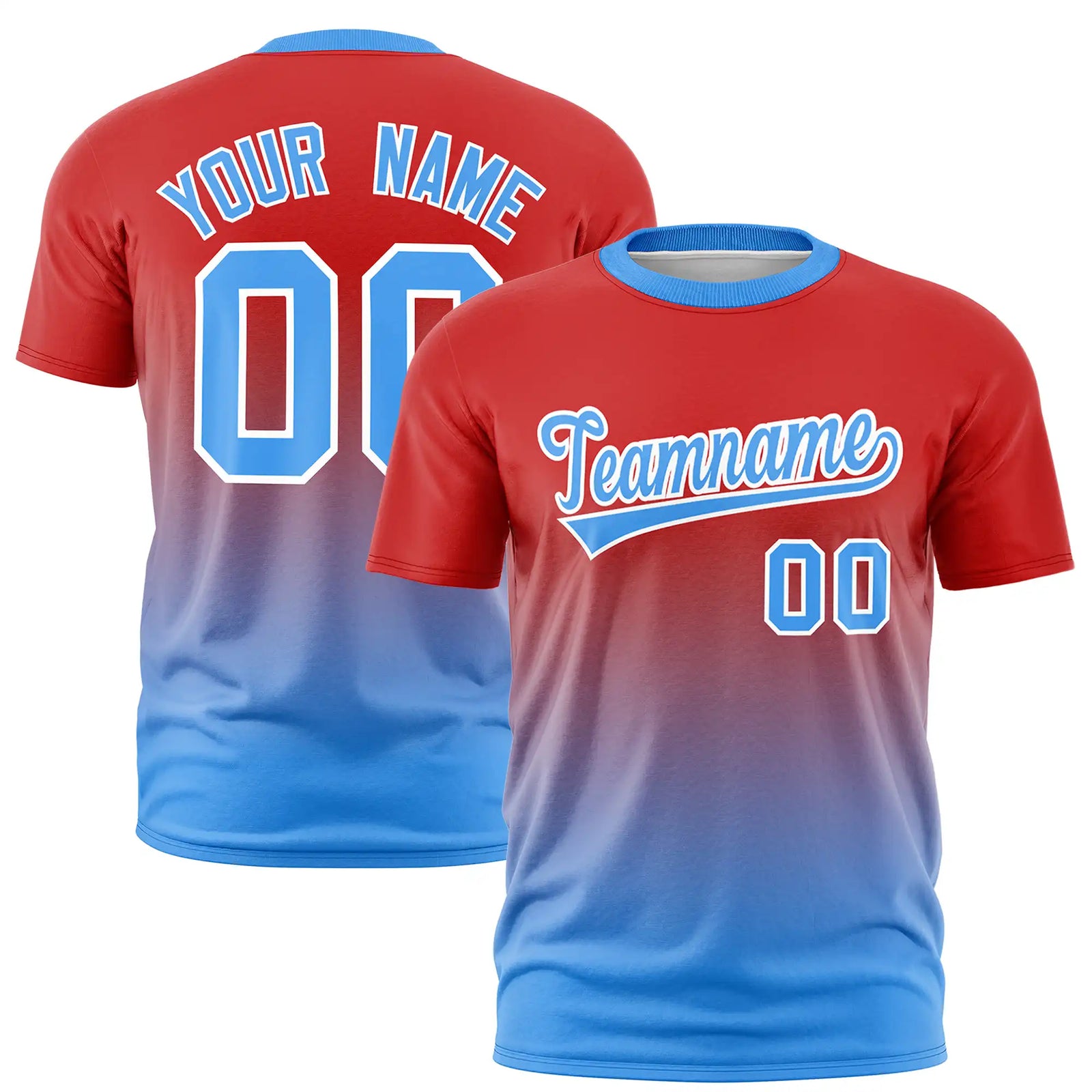 Custom Red-Powder Blue Gradient Fashion Design Performance T-Shirt