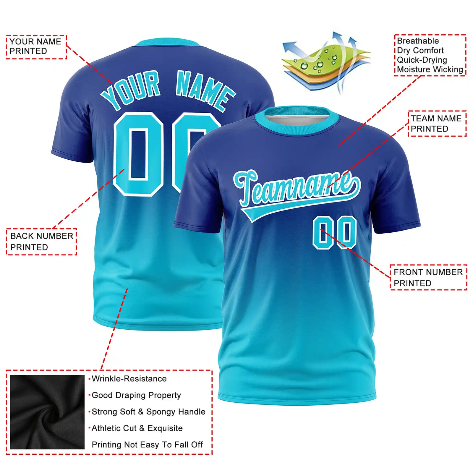 Custom Royal Blue-Sky Blue Gradient Fashion Design Performance T-Shirt