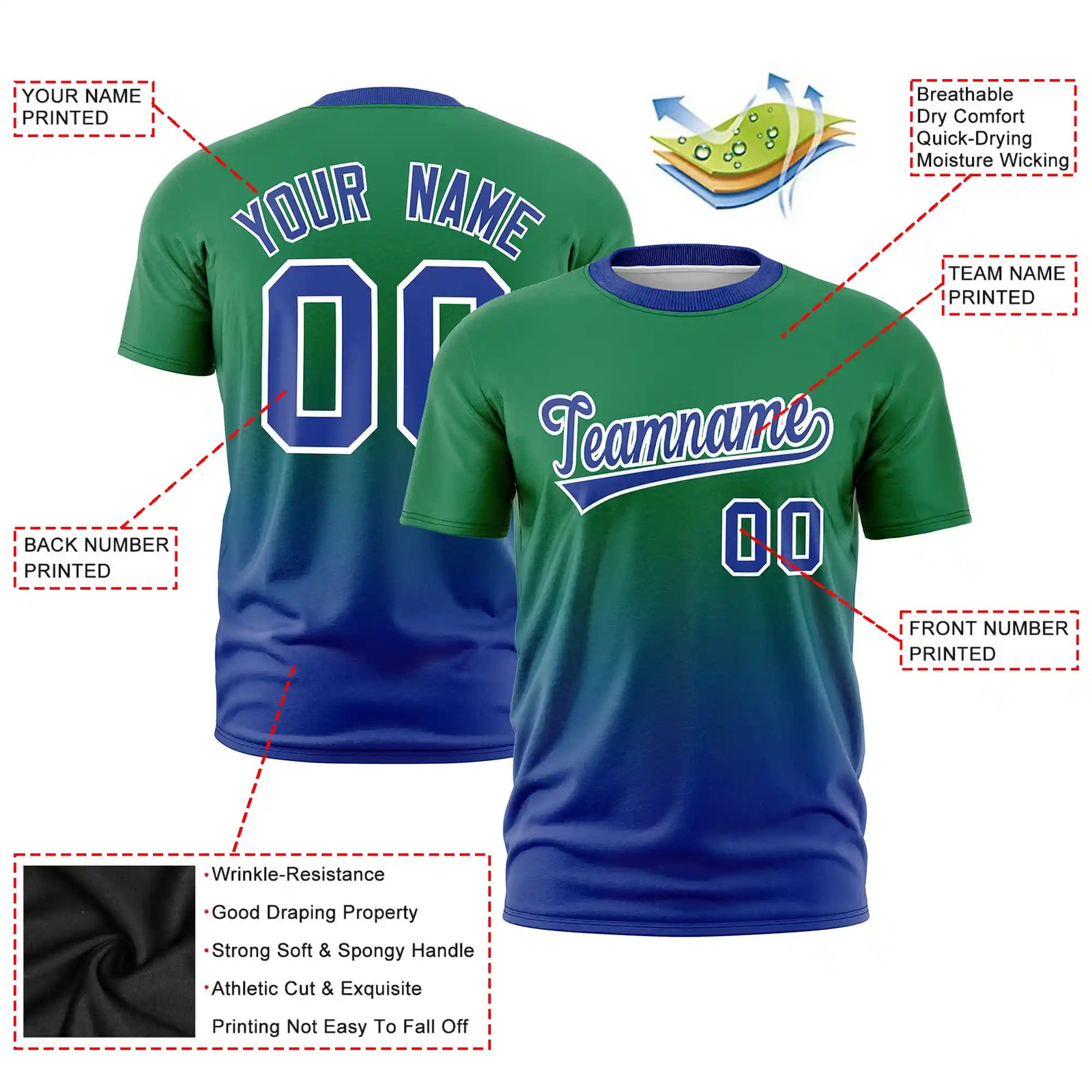 Custom Kelly Green-Royal Blue Gradient Fashion Design Performance T-Shirt