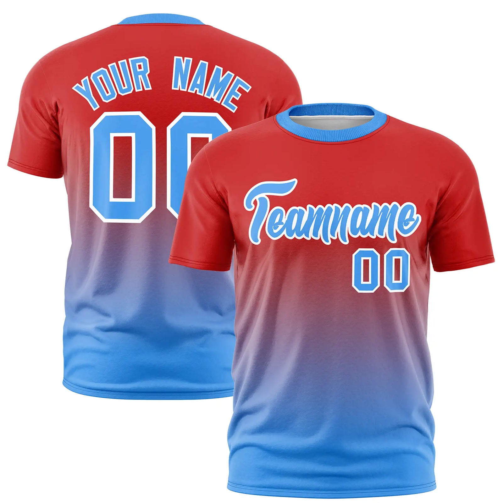 Custom Red-Powder Blue Gradient Fashion Design Performance T-Shirt