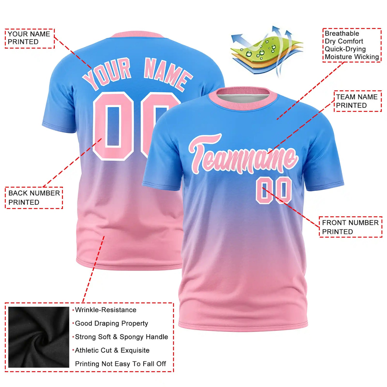 Custom Powder Blue-Light Pink Gradient Fashion Design Performance T-Shirt