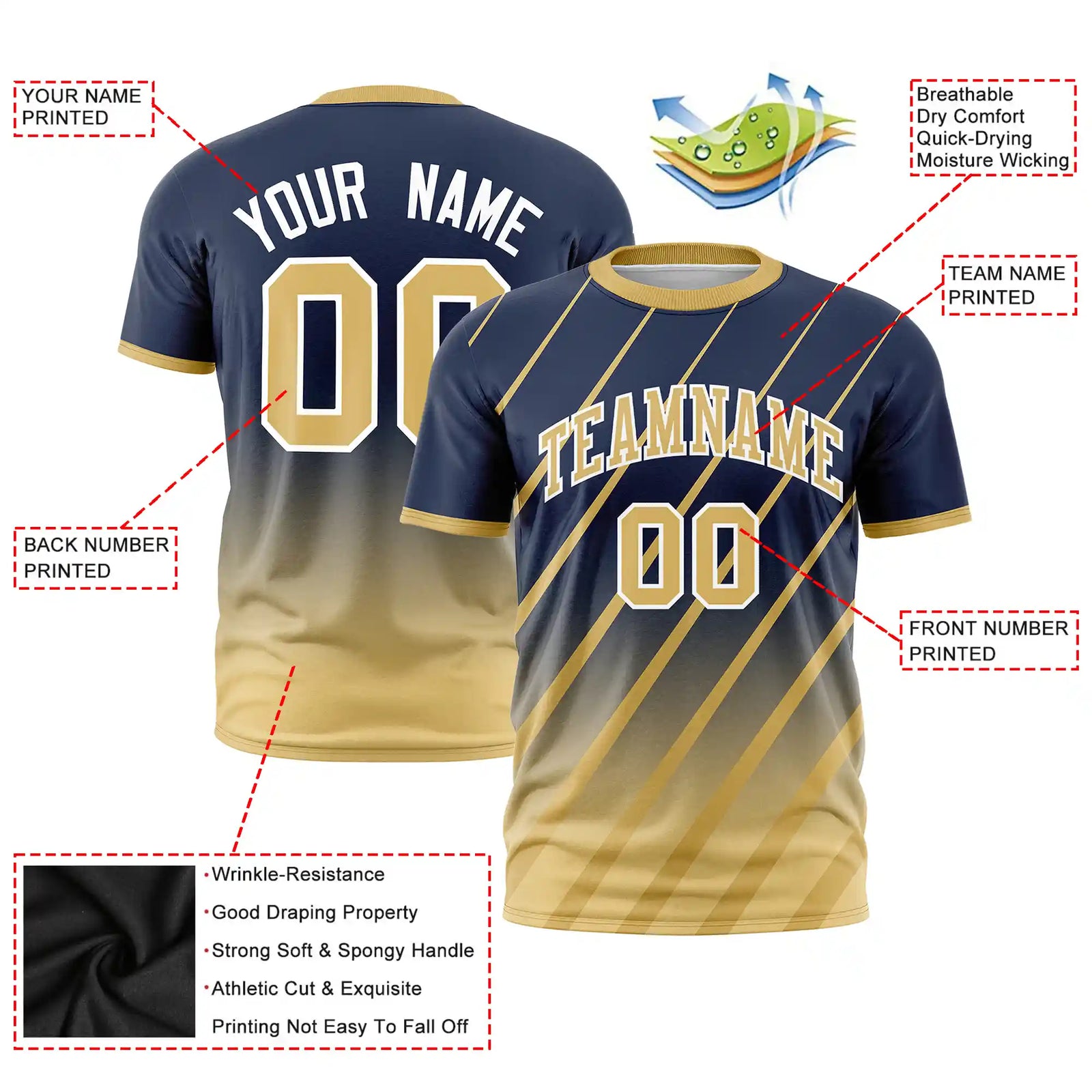 Custom Navy-Old Gold Gradient Fashion Diagonal Stripe Performance T-Shirt