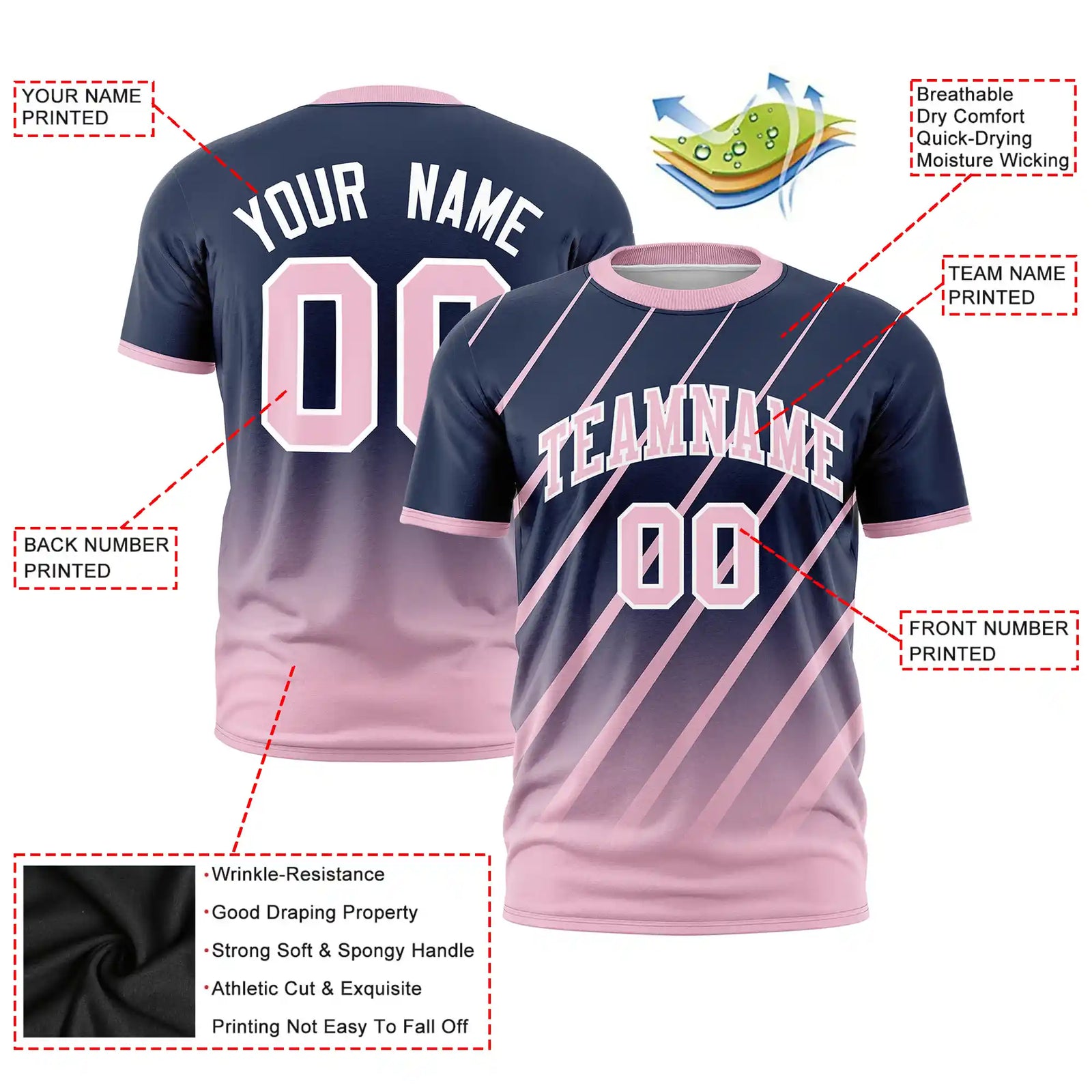 Custom Navy-Light Pink Gradient Fashion Diagonal Stripe Performance T-Shirt