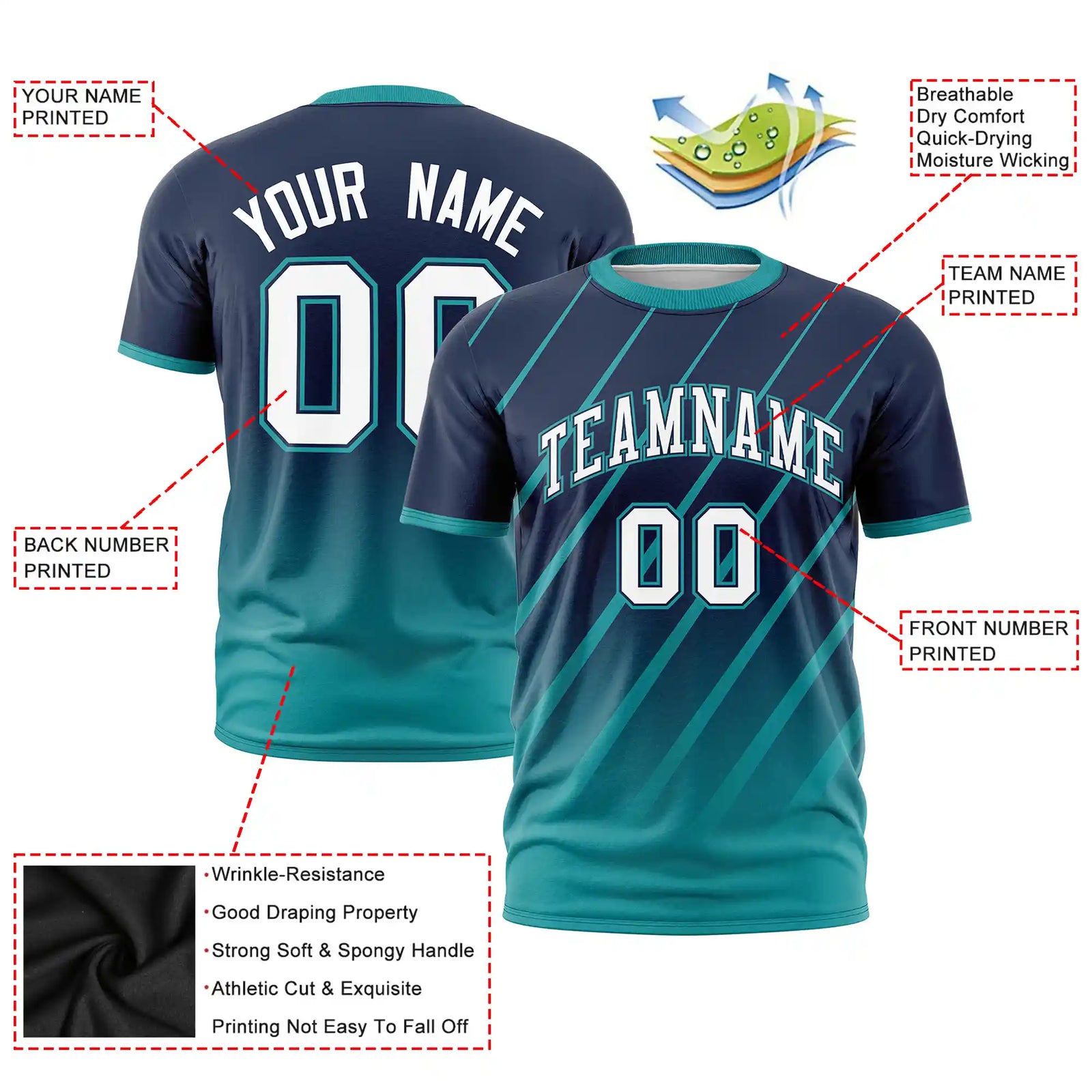 Custom Navy-Aqua Gradient Fashion Diagonal Stripe Performance T-Shirt