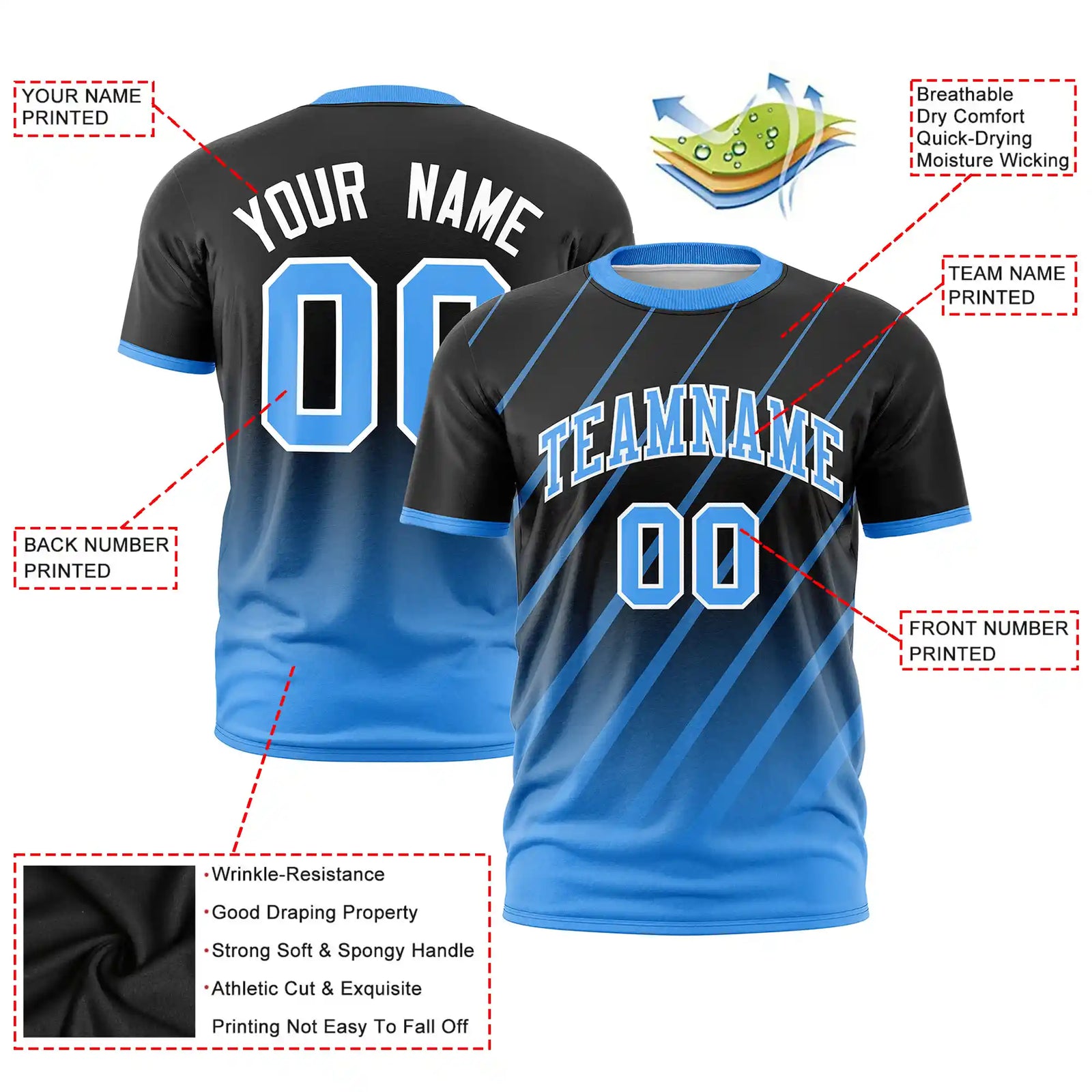 Custom Black-Powder Blue Gradient Fashion Diagonal Stripe Performance T-Shirt