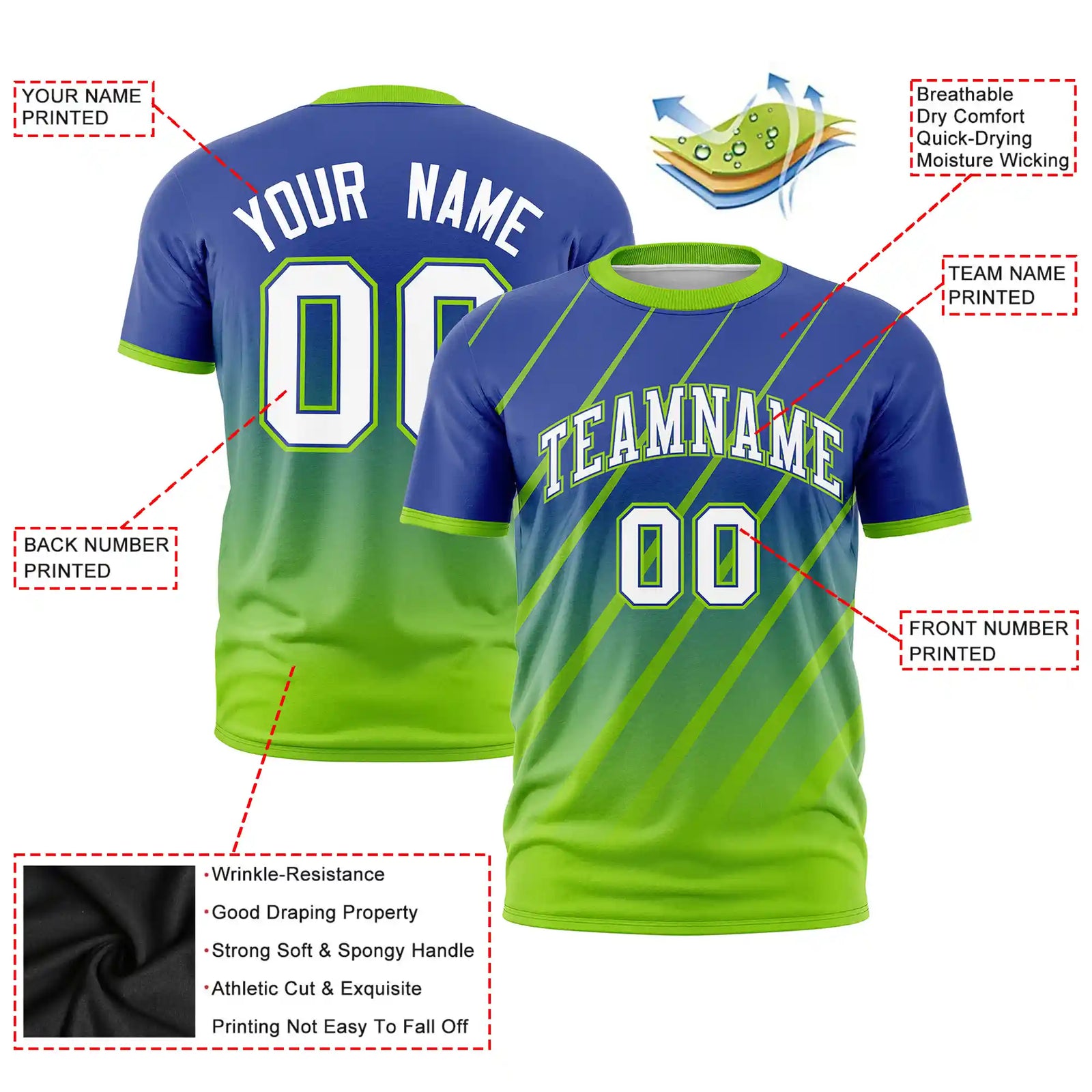 Custom Royal Blue-Neon Green Gradient Fashion Diagonal Stripe Performance T-Shirt