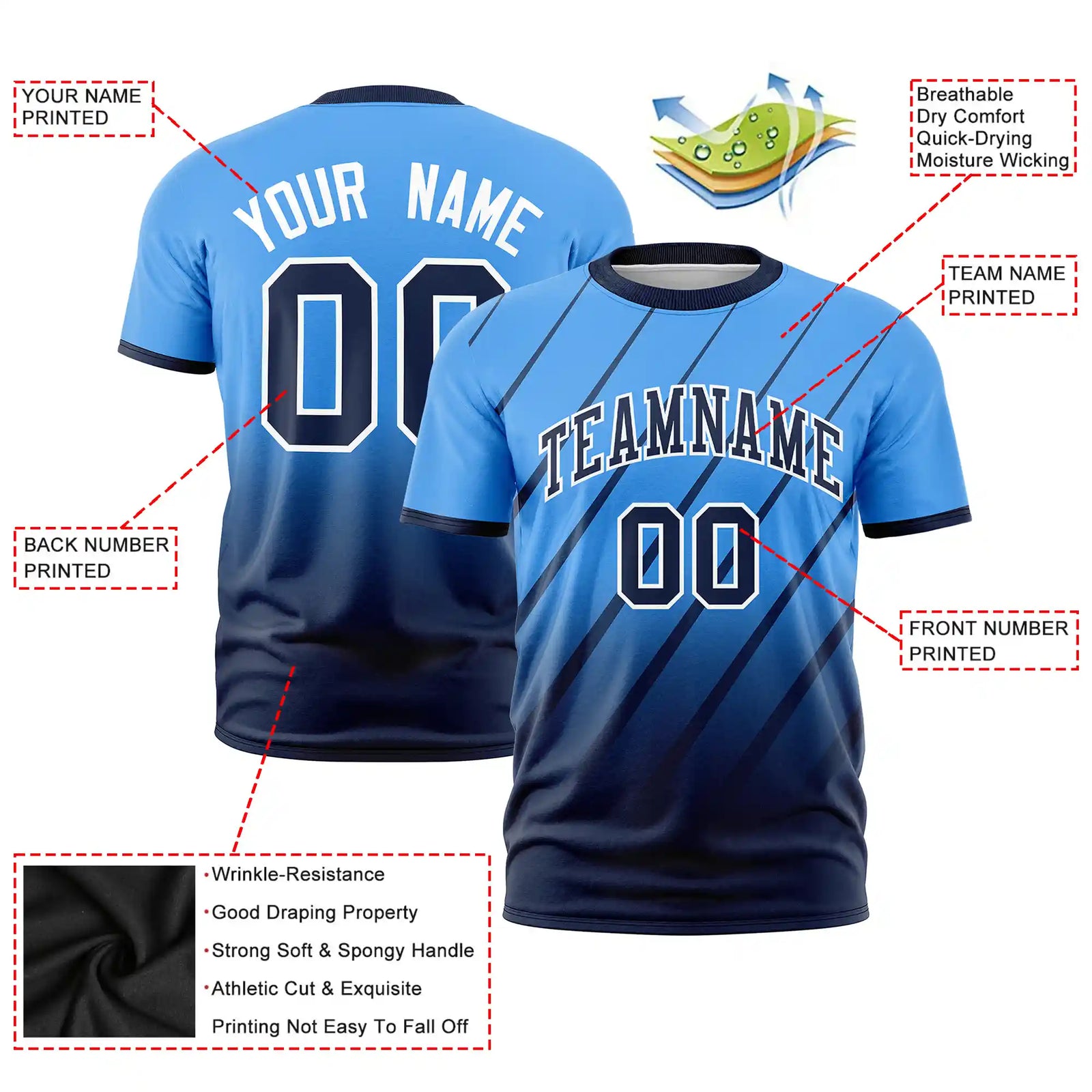 Custom Powder Blue-Navy Gradient Fashion Diagonal Stripe Performance T-Shirt