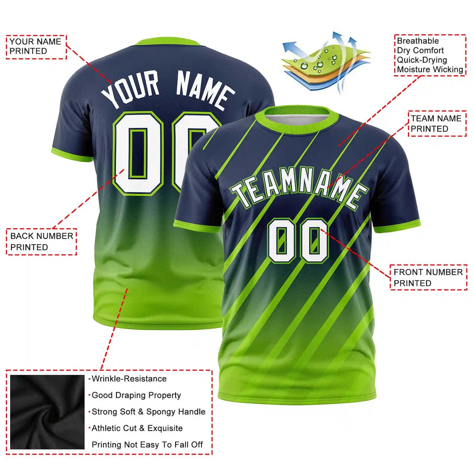Custom Navy-Neon Green Gradient Fashion Diagonal Stripe Performance T-Shirt