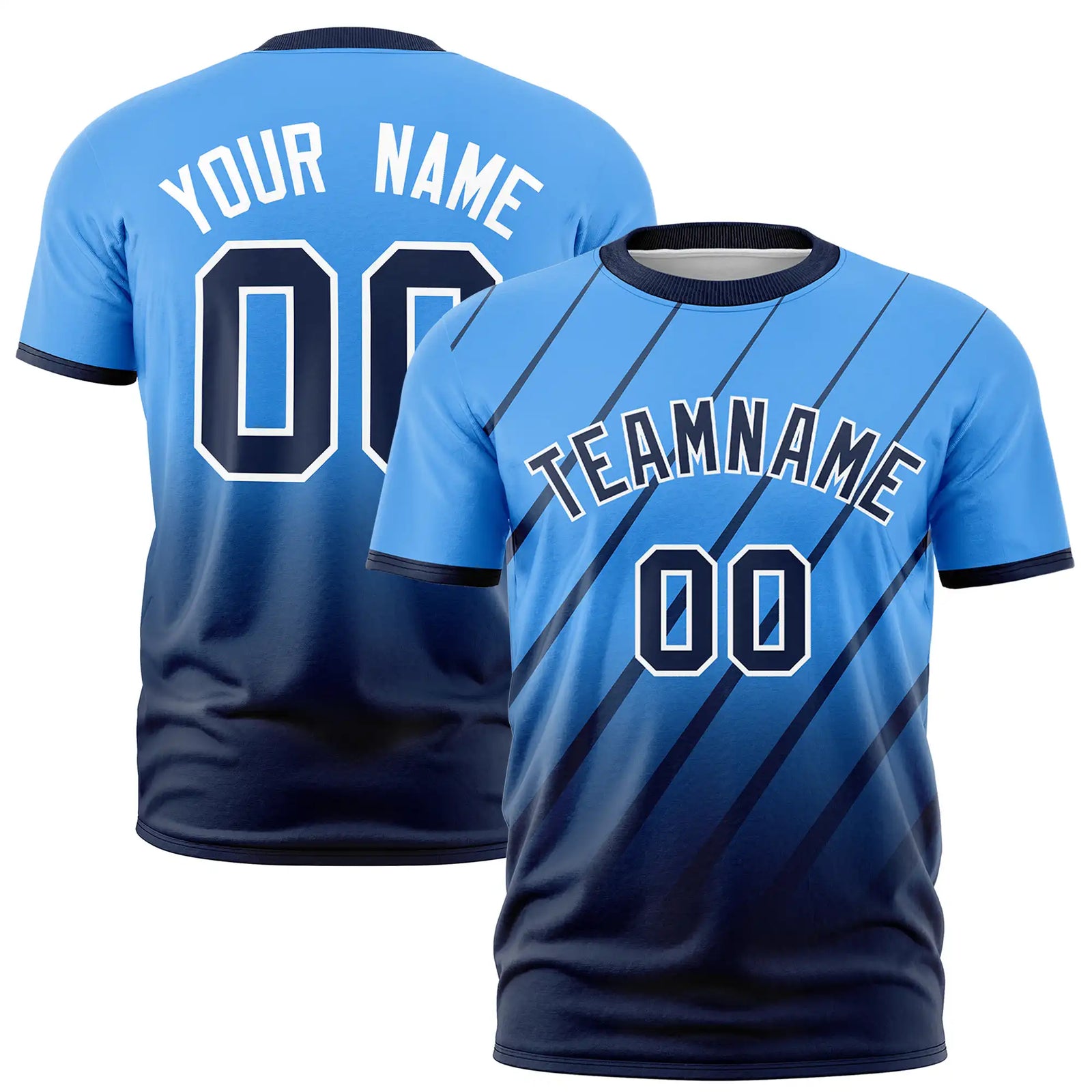 Custom Powder Blue-Navy Gradient Fashion Diagonal Stripe Performance T-Shirt