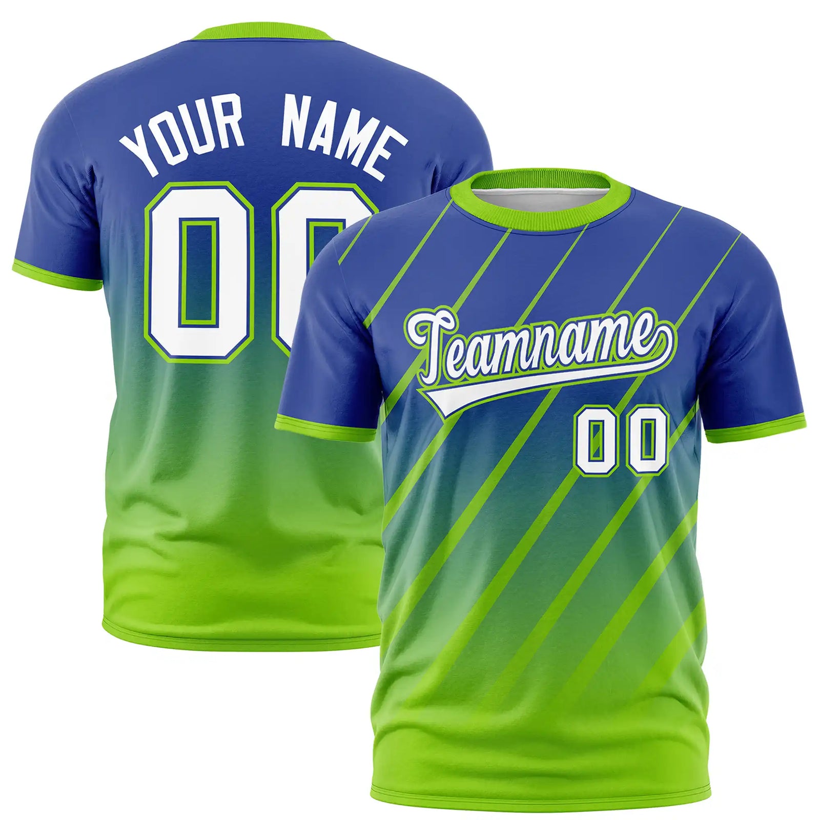 Custom Royal Blue-Neon Green Gradient Fashion Diagonal Stripe Performance T-Shirt
