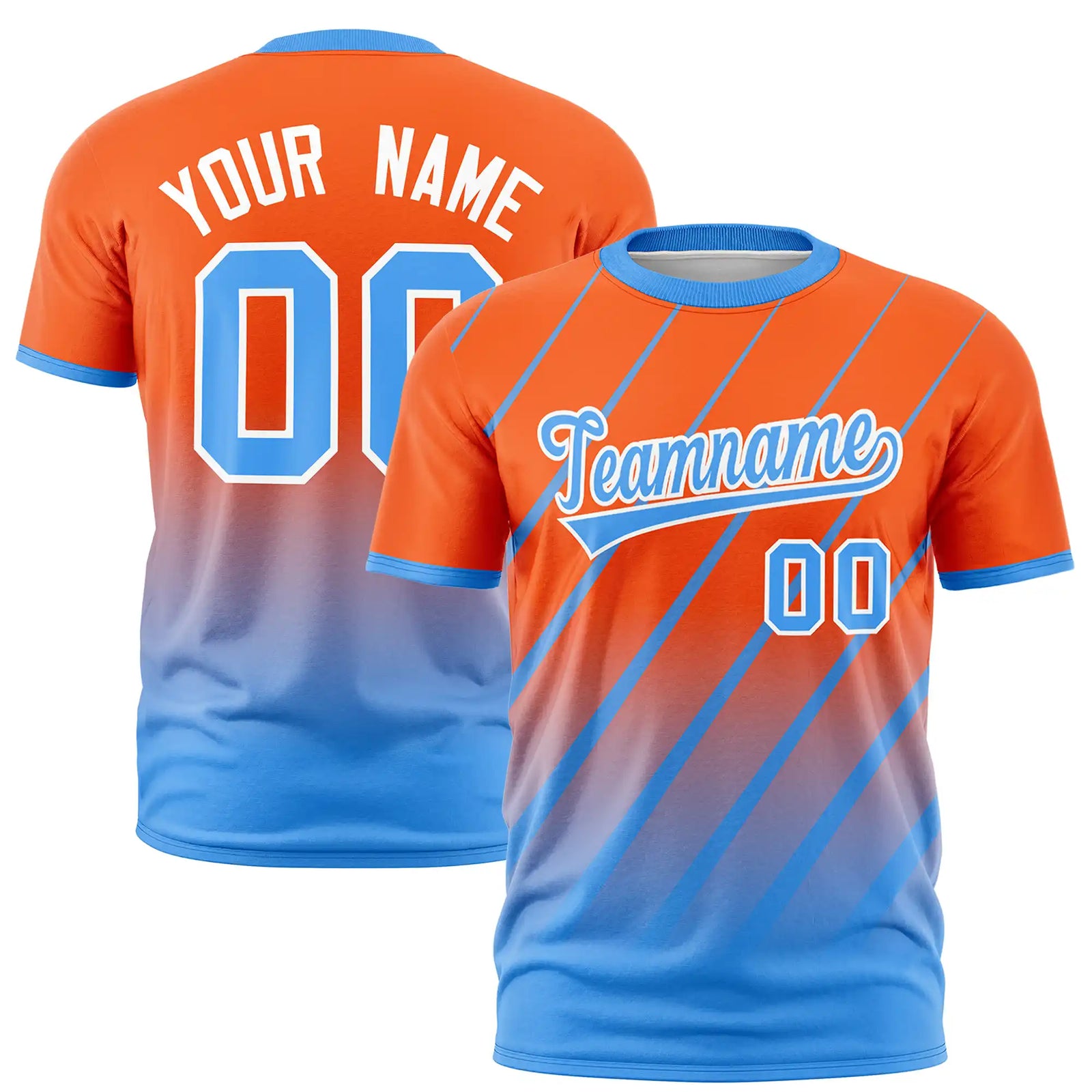 Custom Orange-Powder Blue Gradient Fashion Diagonal Stripe Performance T-Shirt