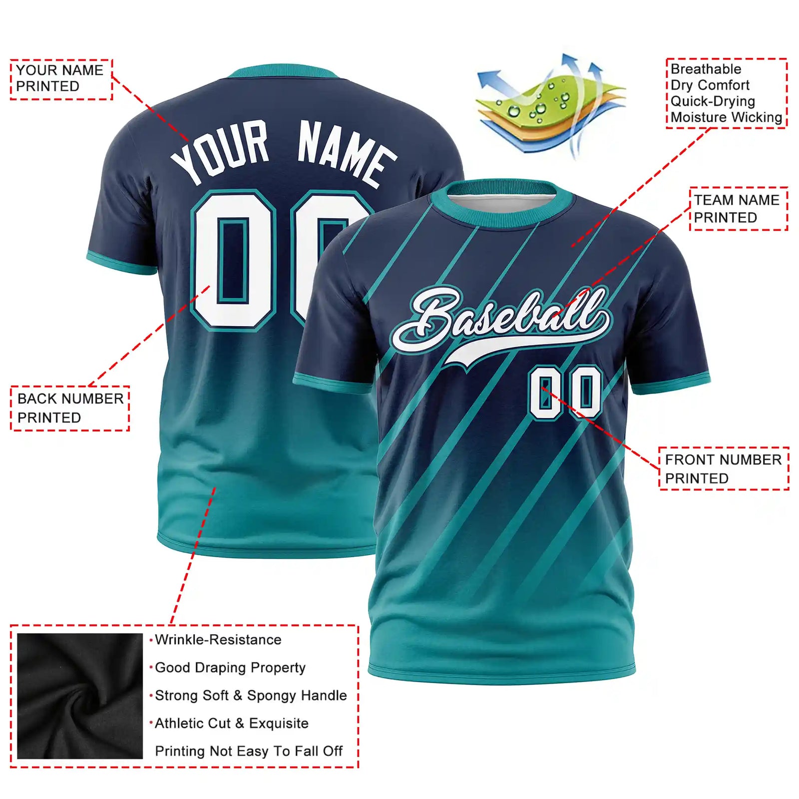 Custom Navy-Aqua Gradient Fashion Diagonal Stripe Performance T-Shirt
