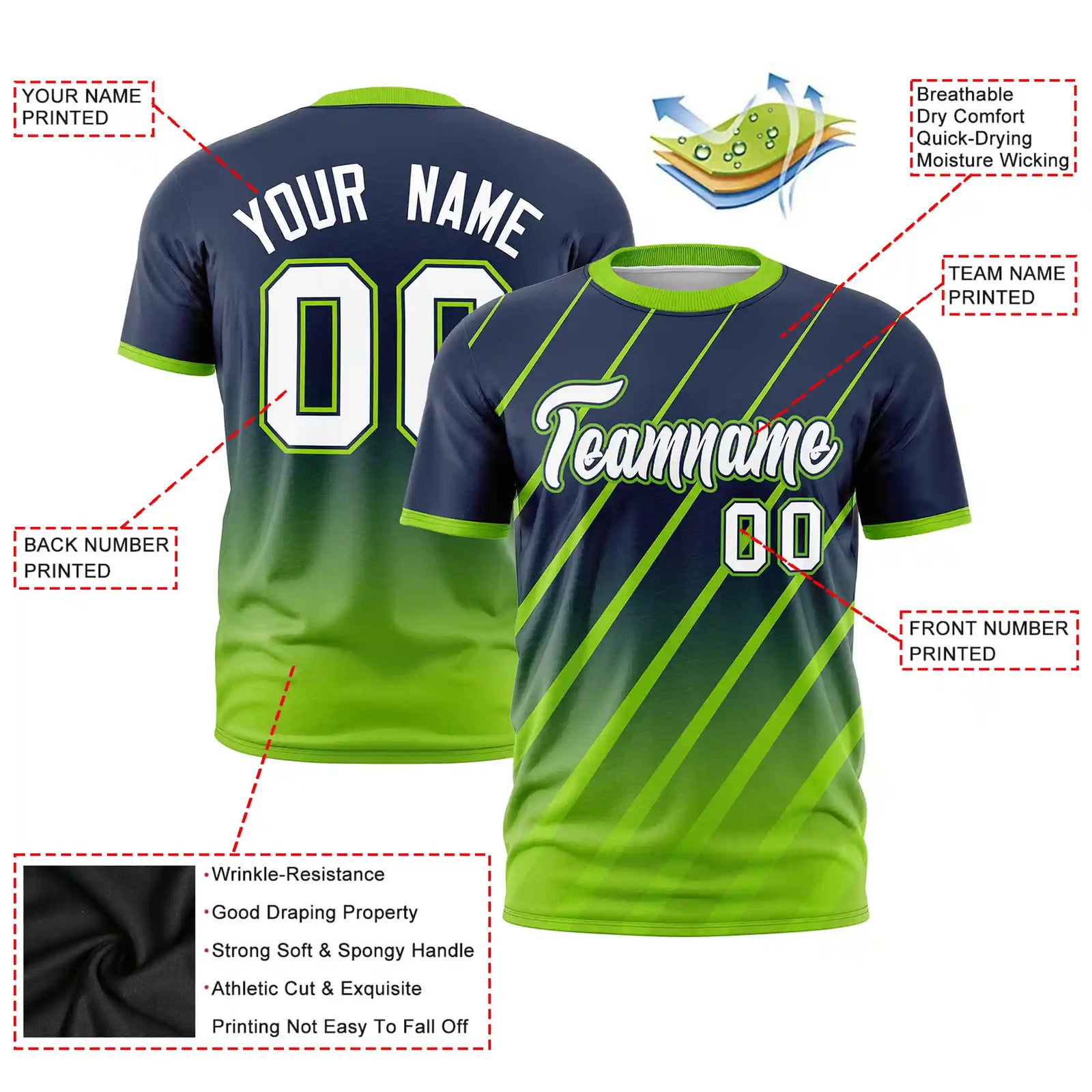 Custom Navy-Neon Green Gradient Fashion Diagonal Stripe Performance T-Shirt