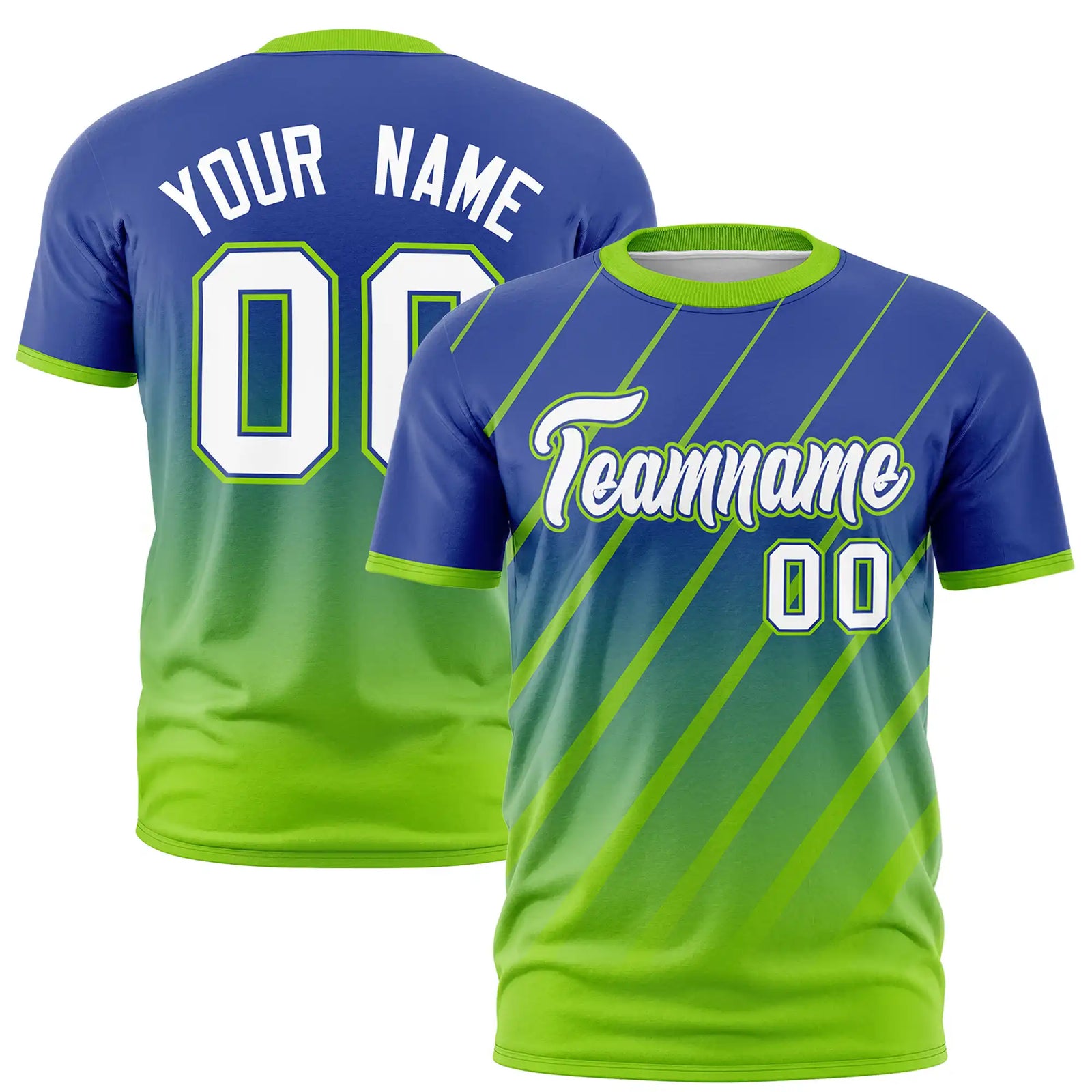 Custom Royal Blue-Neon Green Gradient Fashion Diagonal Stripe Performance T-Shirt