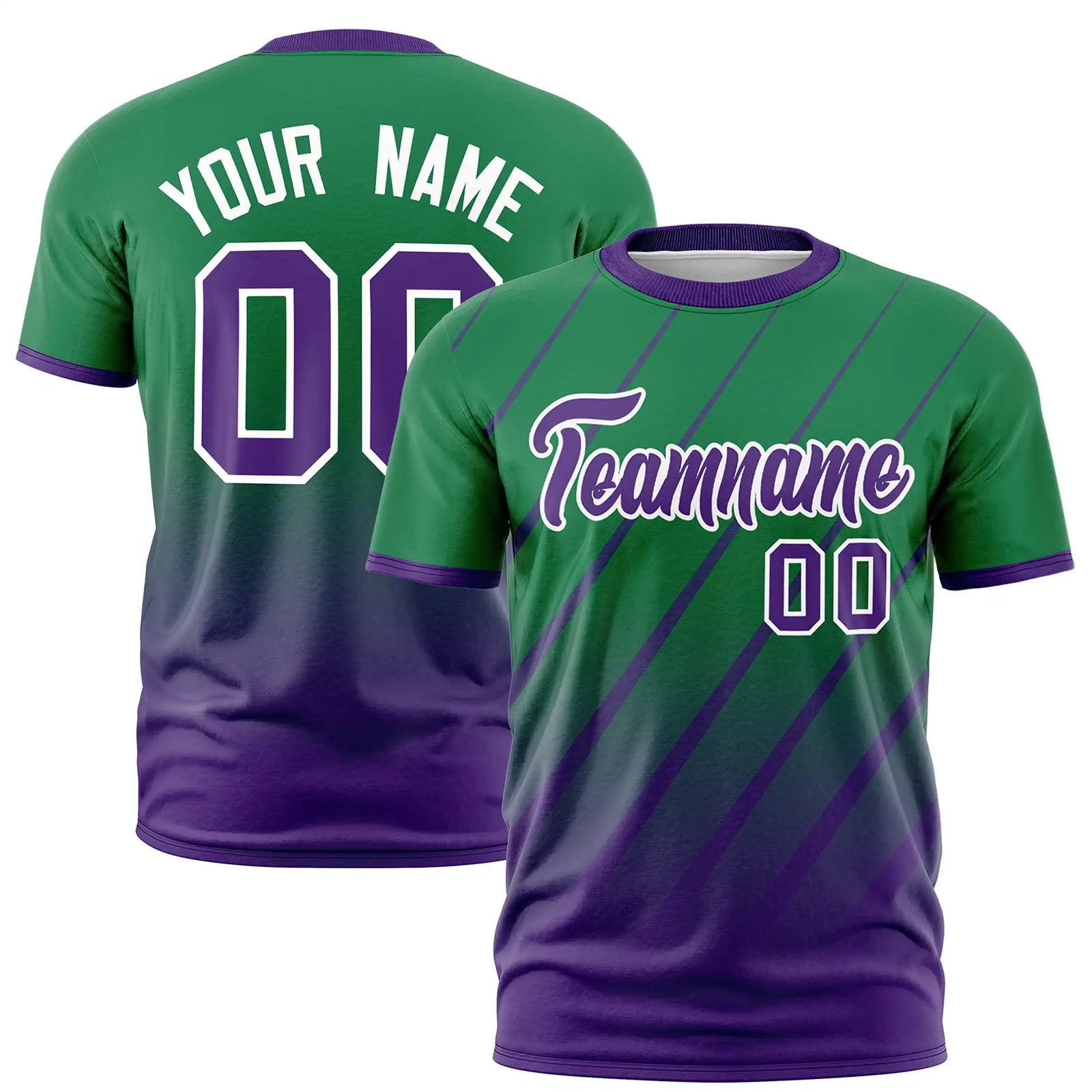 Custom Kelly Green-Purple Gradient Fashion Diagonal Stripe Performance T-Shirt