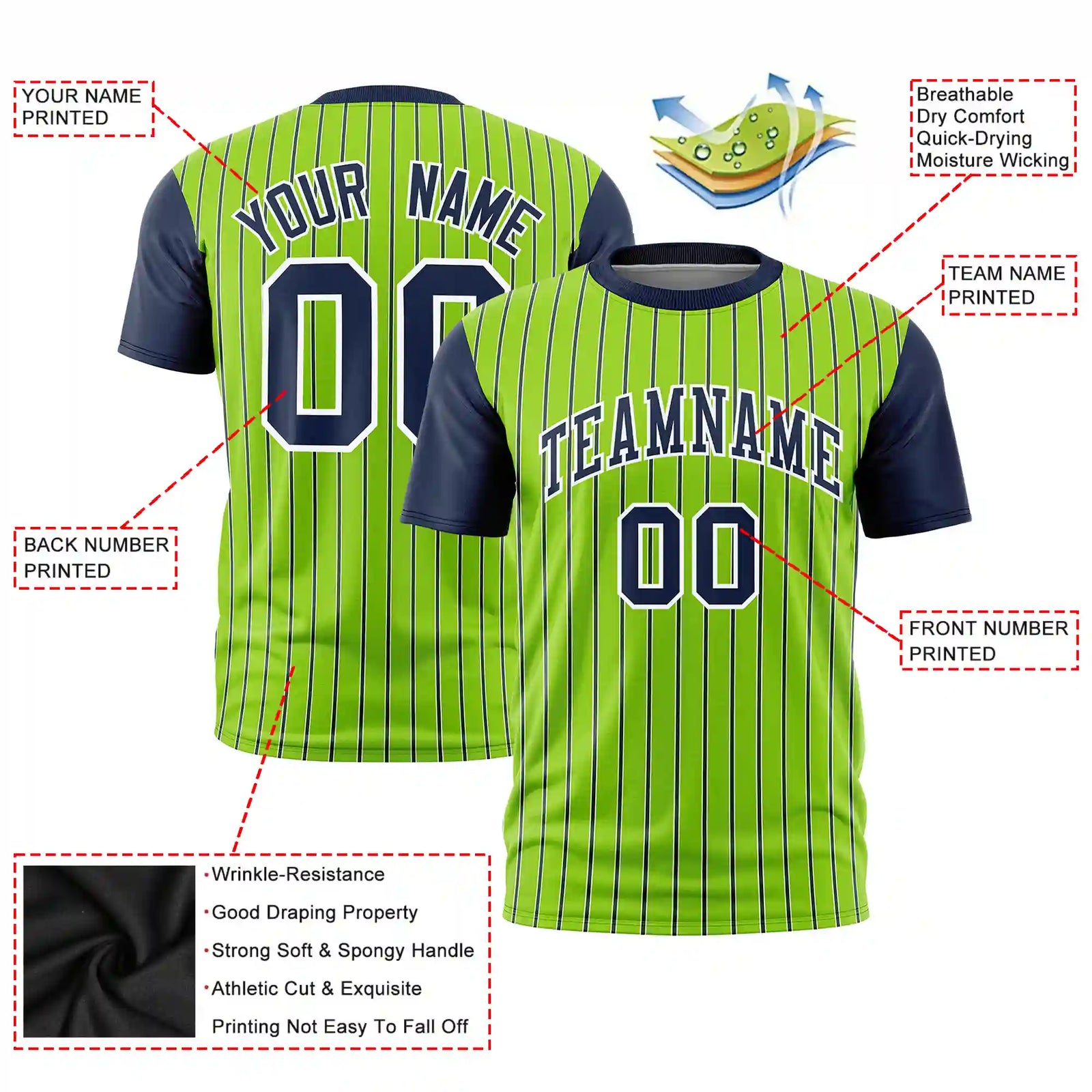 Custom Neon Green White-Navy Pinstripe Pattern Design Performance T-Shirt