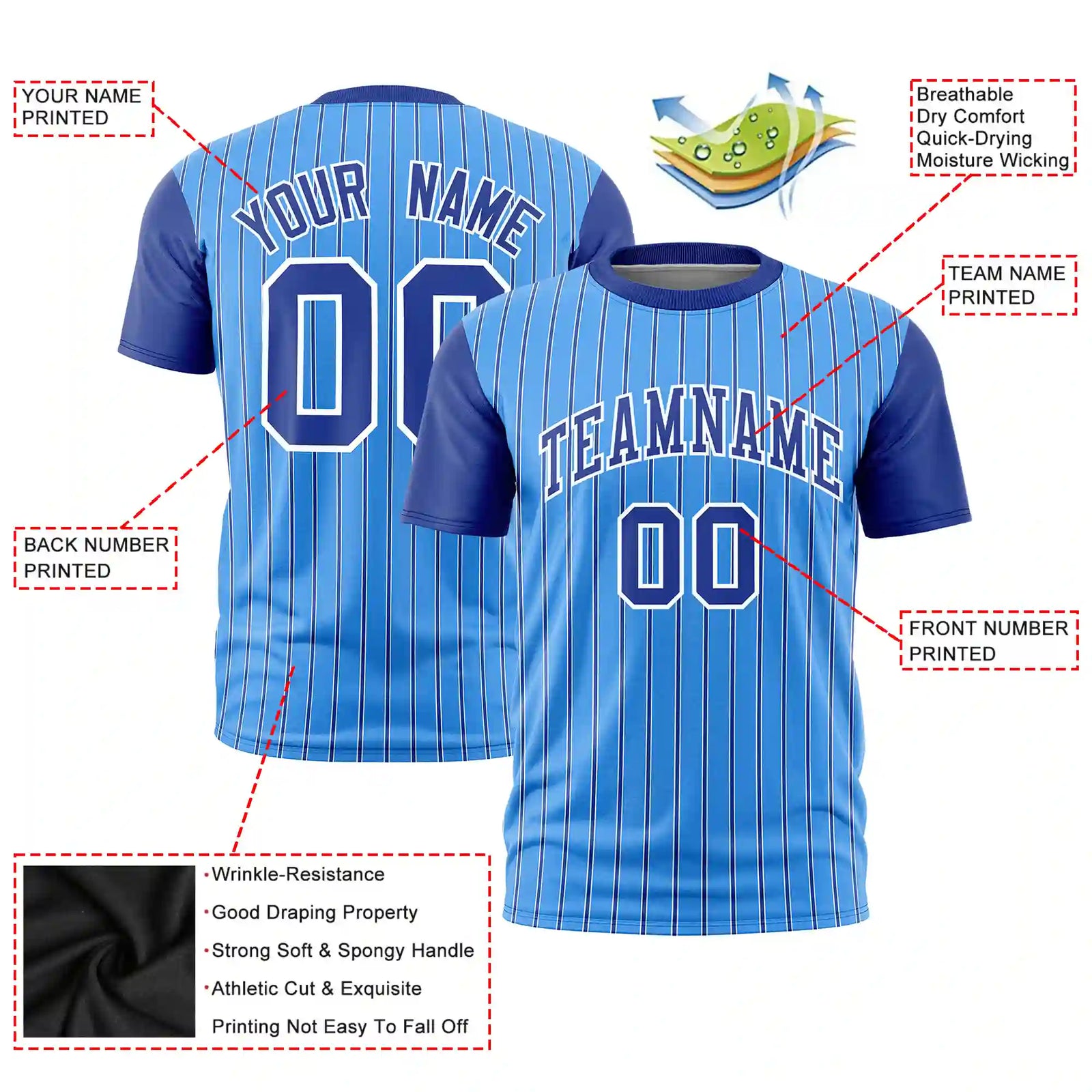 Custom Powder Blue White-Royal Blue Pinstripe Pattern Design Performance T-Shirt
