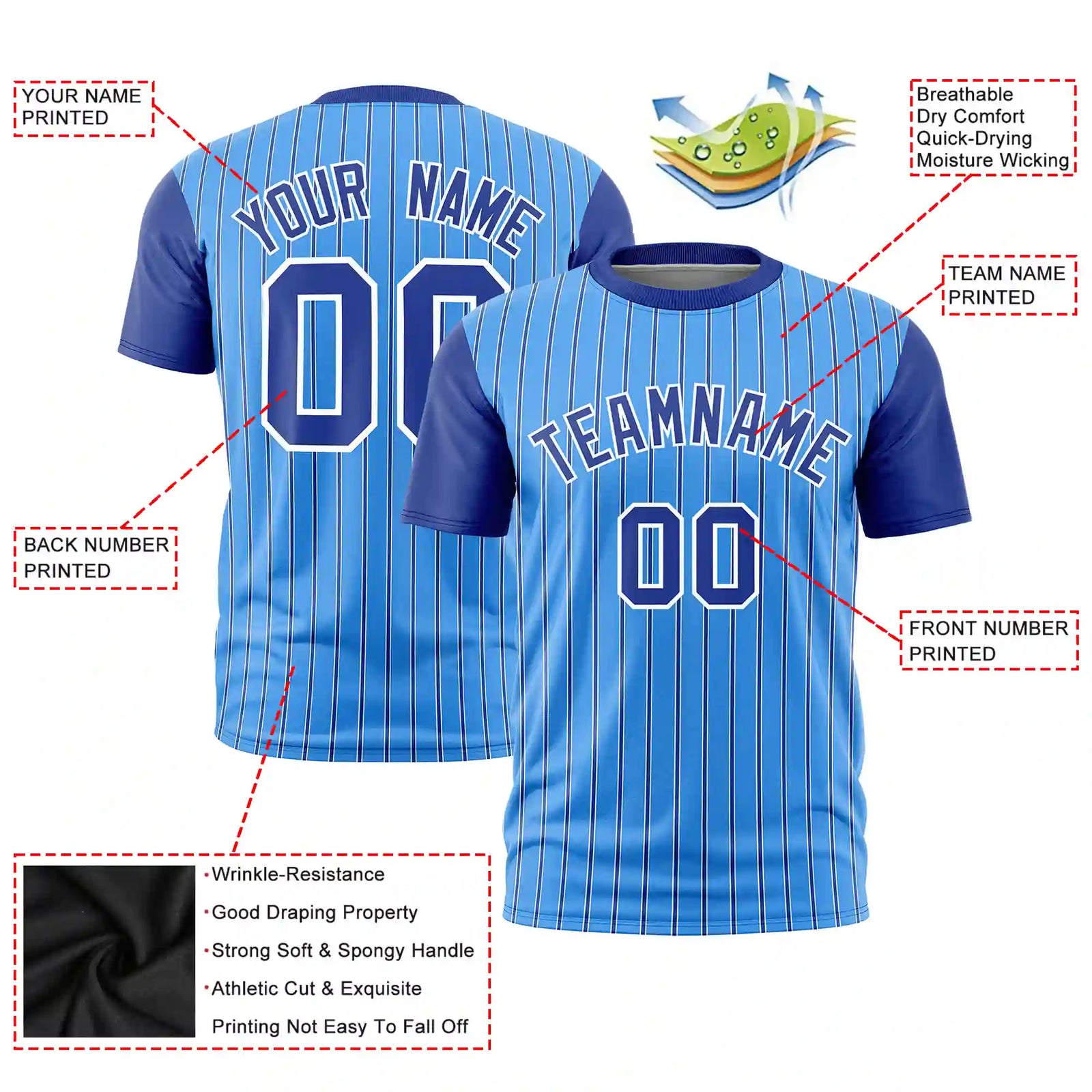 Custom Powder Blue White-Royal Blue Pinstripe Pattern Design Performance T-Shirt