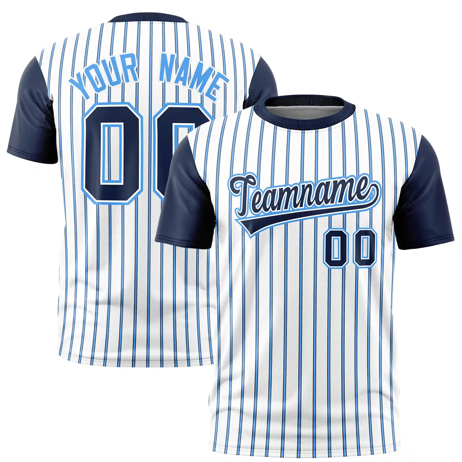 Custom White Powder Blue-Navy Pinstripe Pattern Design Performance T-Shirt