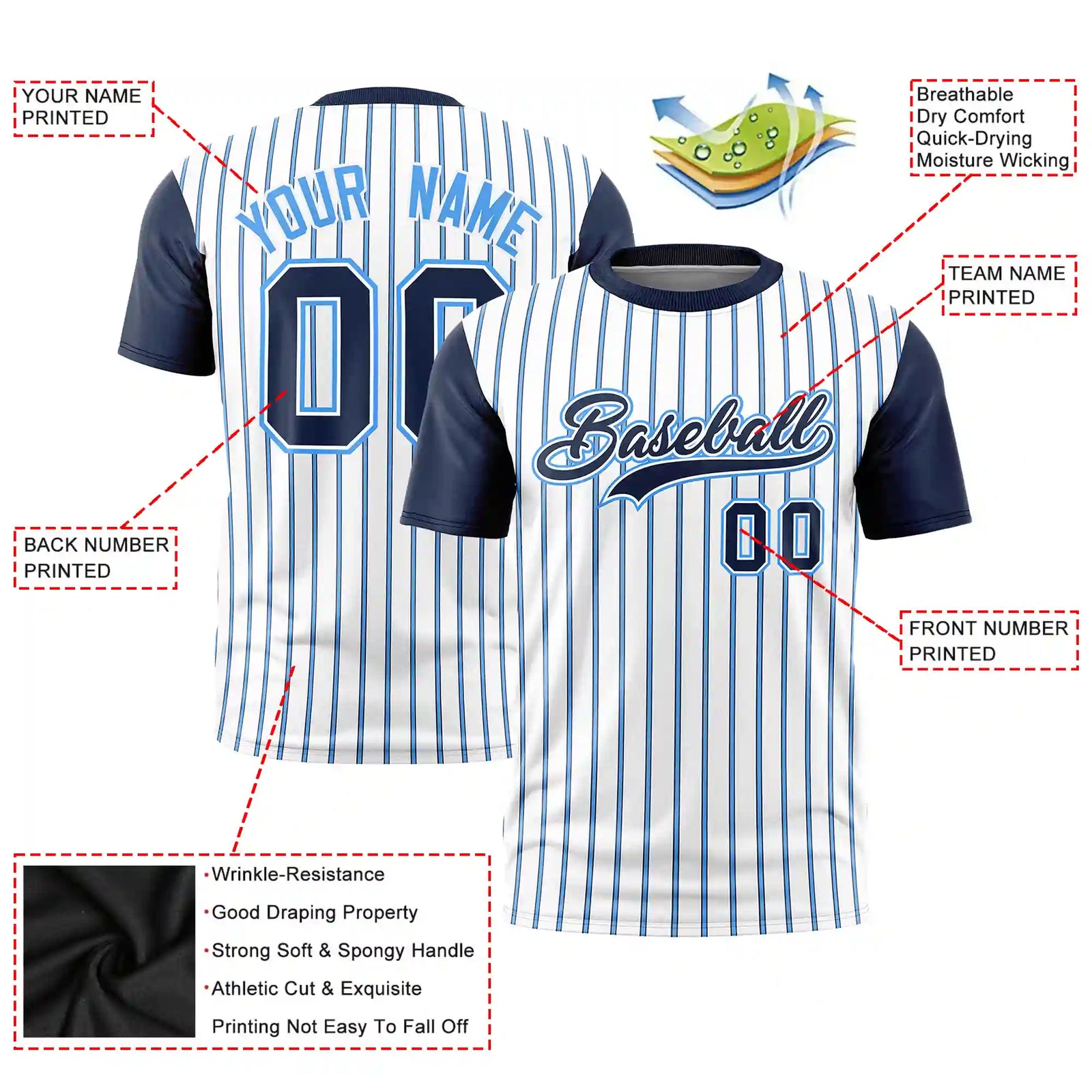 Custom White Powder Blue-Navy Pinstripe Pattern Design Performance T-Shirt