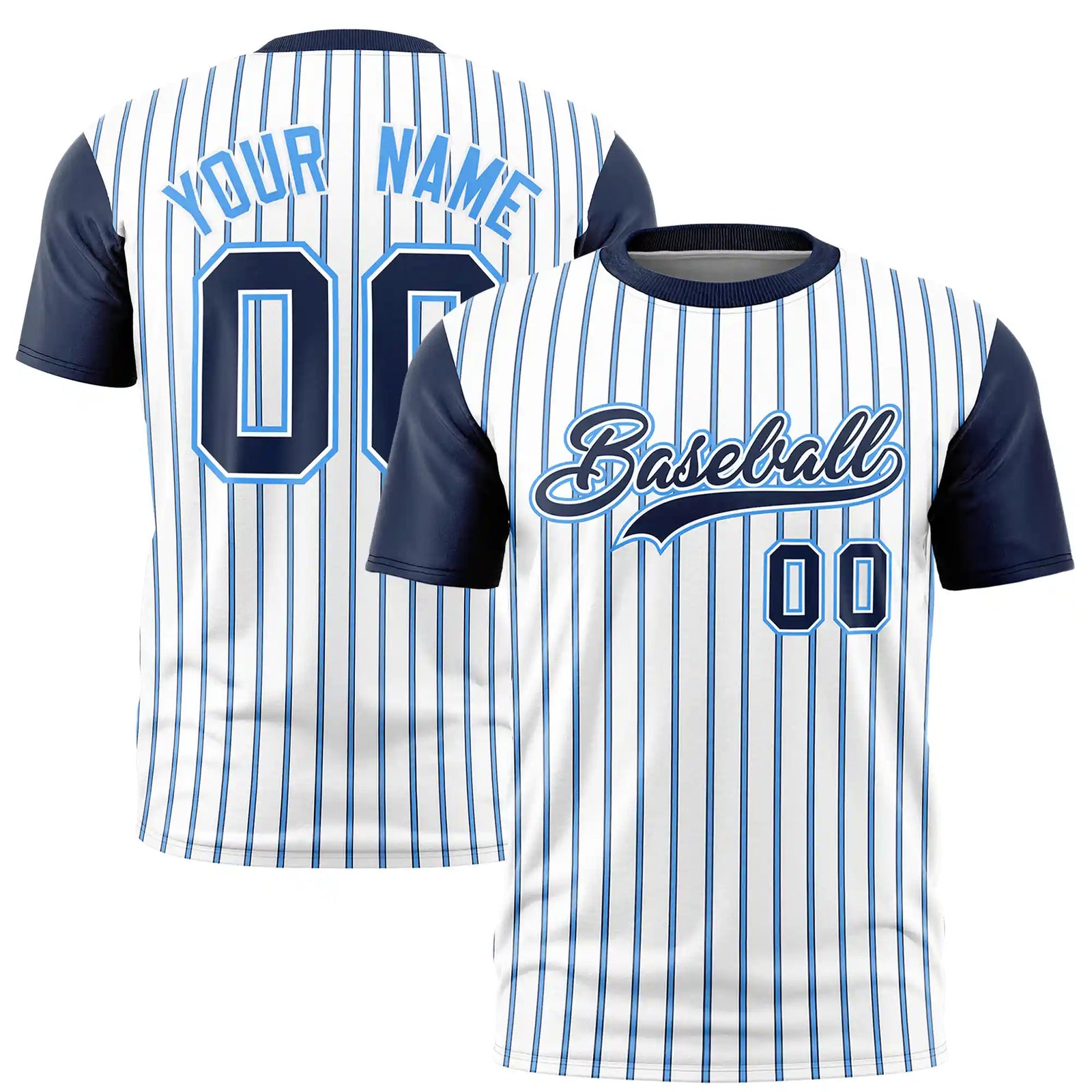 Custom White Powder Blue-Navy Pinstripe Pattern Design Performance T-Shirt