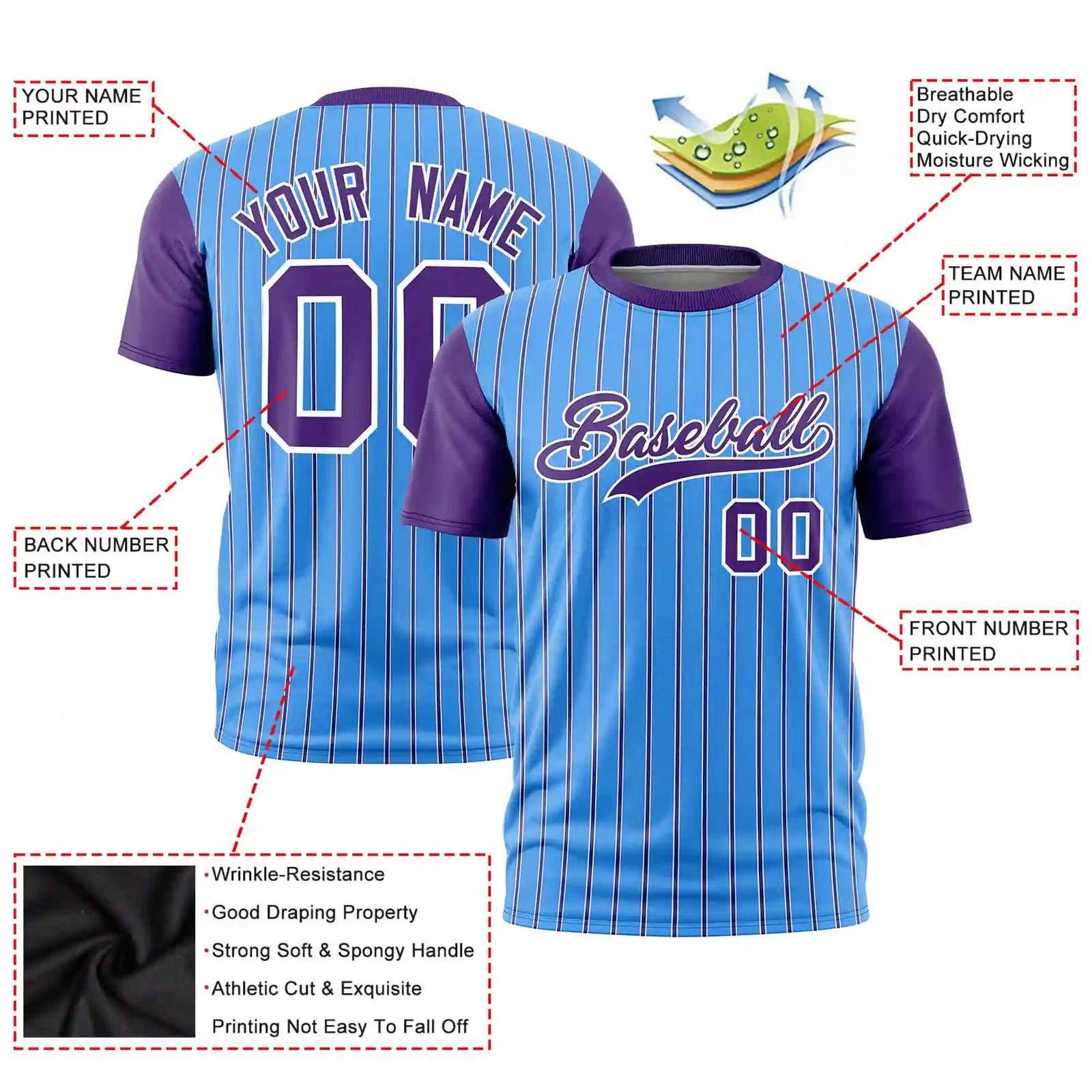 Custom Powder Blue White-Purple Pinstripe Pattern Design Performance T-Shirt