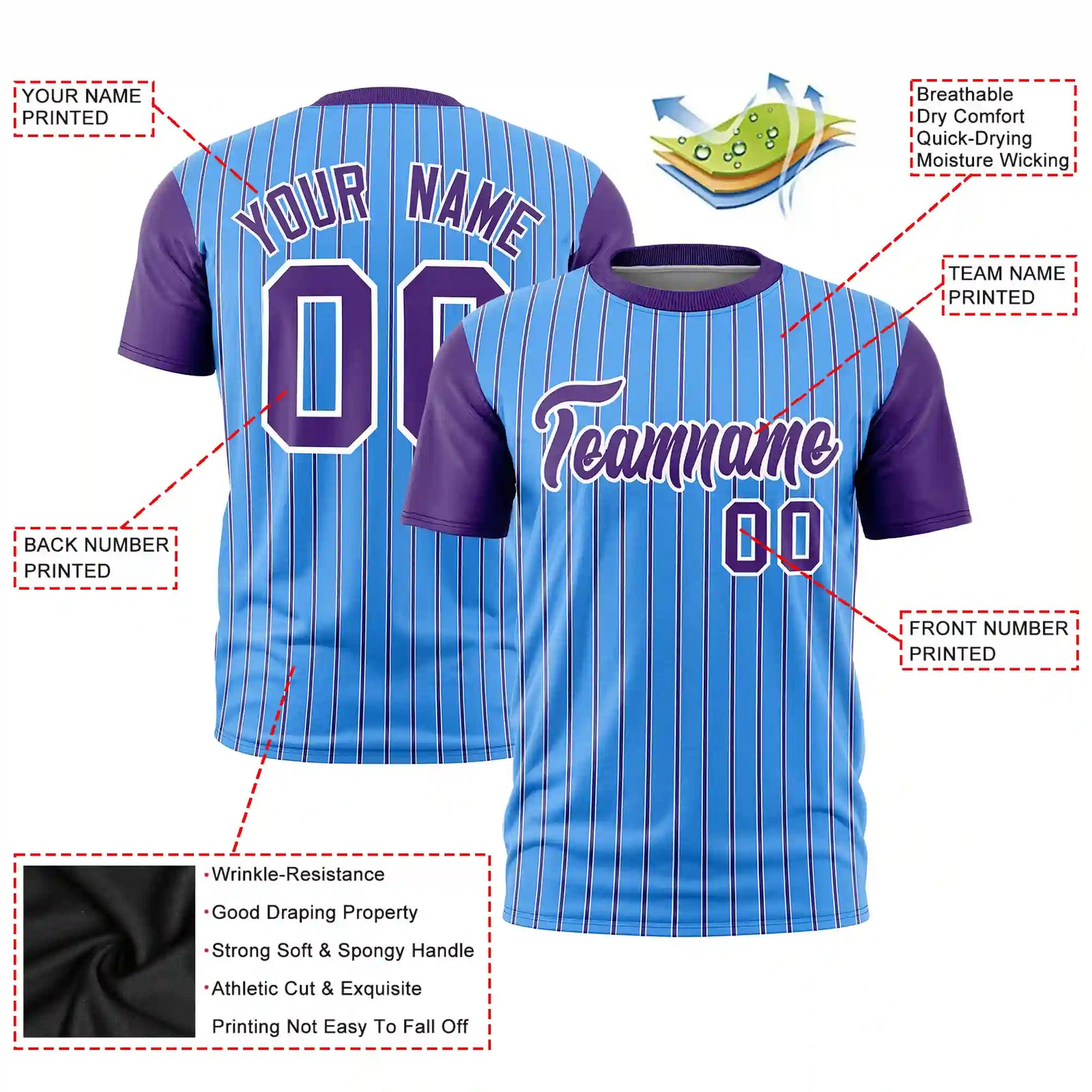 Custom Powder Blue White-Purple Pinstripe Pattern Design Performance T-Shirt