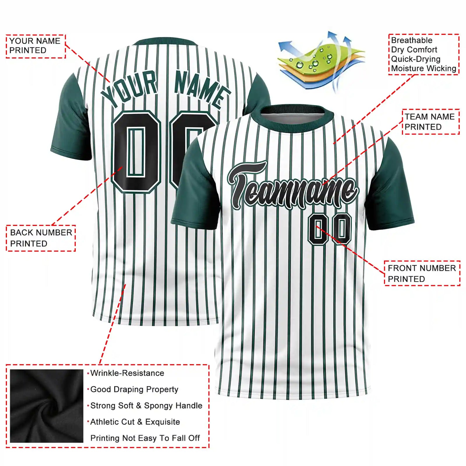 Custom White Black-Midnight Green Pinstripe Pattern Design Performance T-Shirt