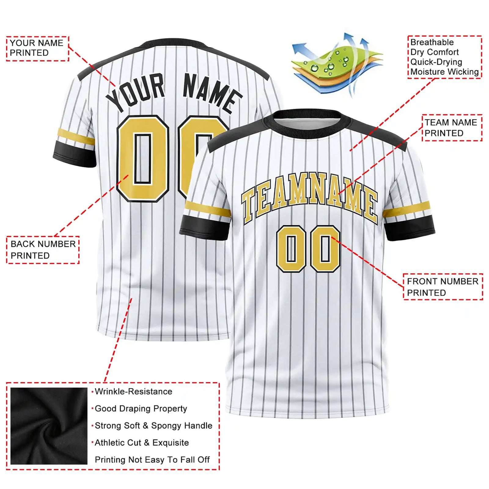 Custom White Black-Old Gold Pinstripe Pattern Design Performance T-Shirt