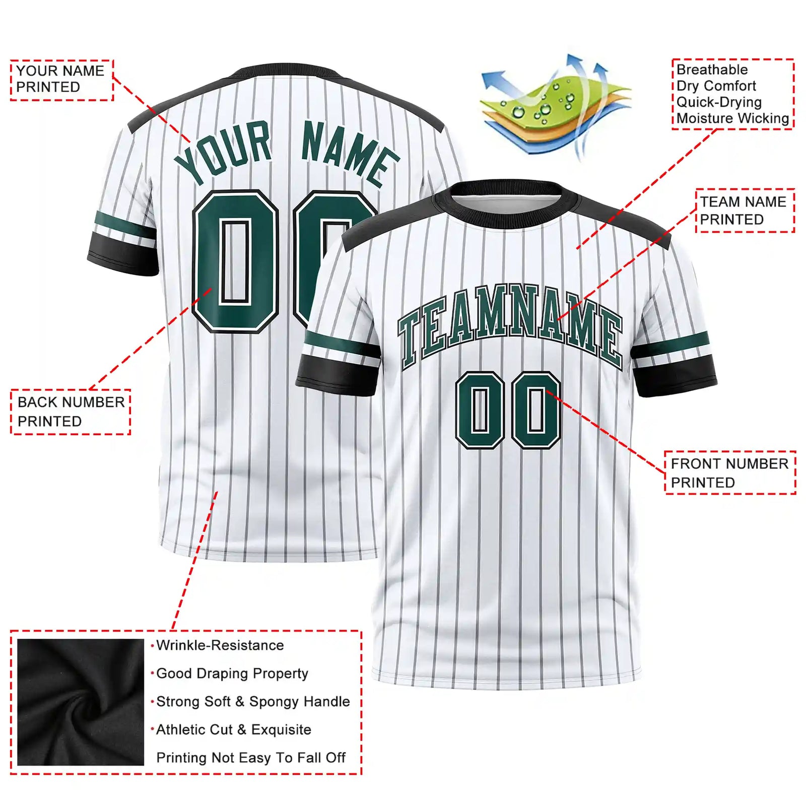 Custom White Black-Midnight Green Pinstripe Pattern Design Performance T-Shirt