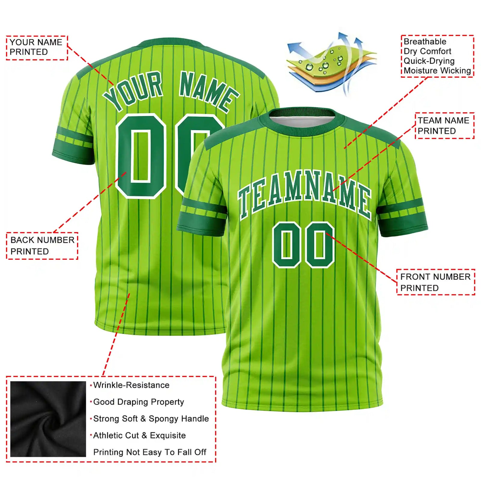 Custom Neon Green Kelly Green-Kelly Green Pinstripe Pattern Design Performance T-Shirt