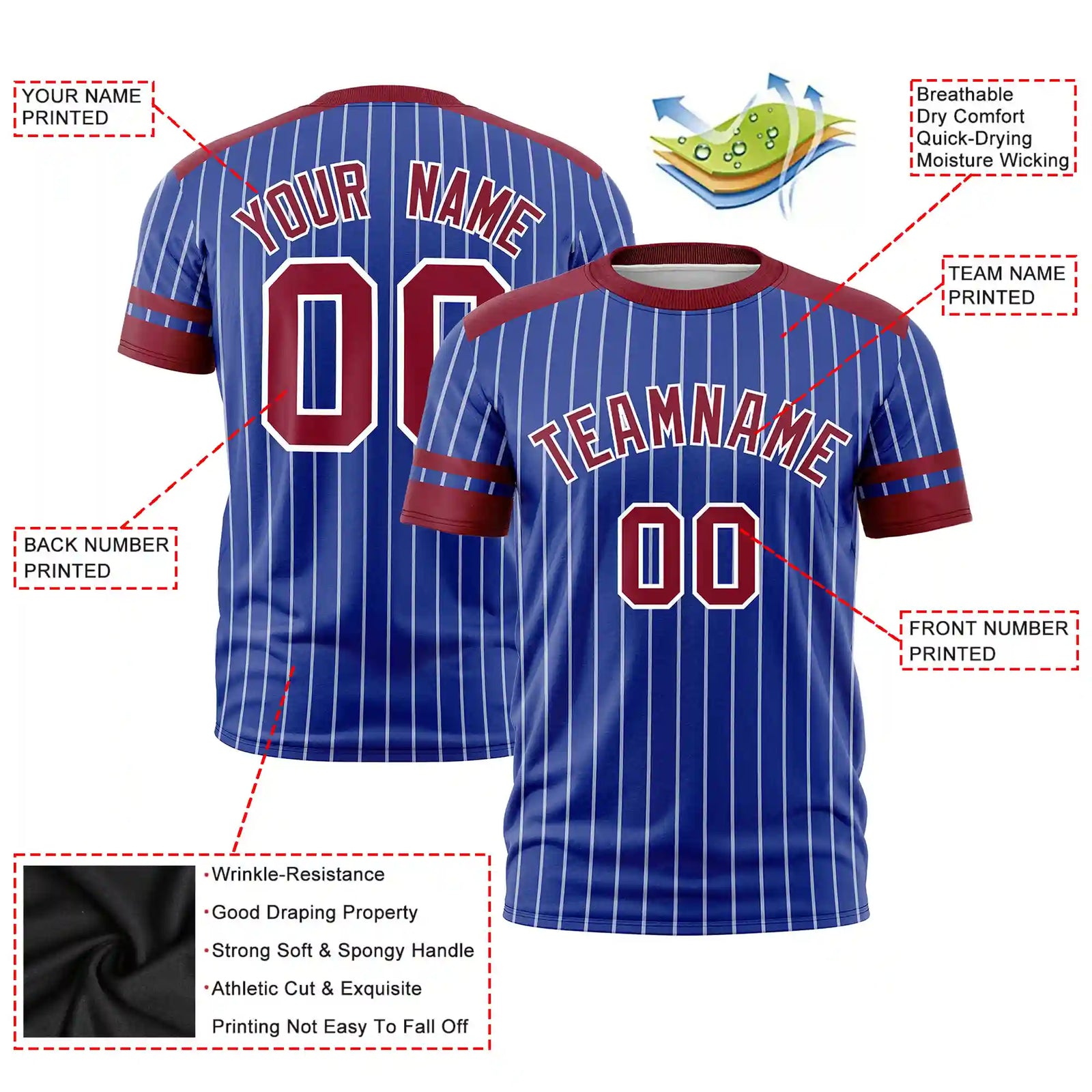 Custom Royal Blue White-Crimson Pinstripe Pattern Design Performance T-Shirt