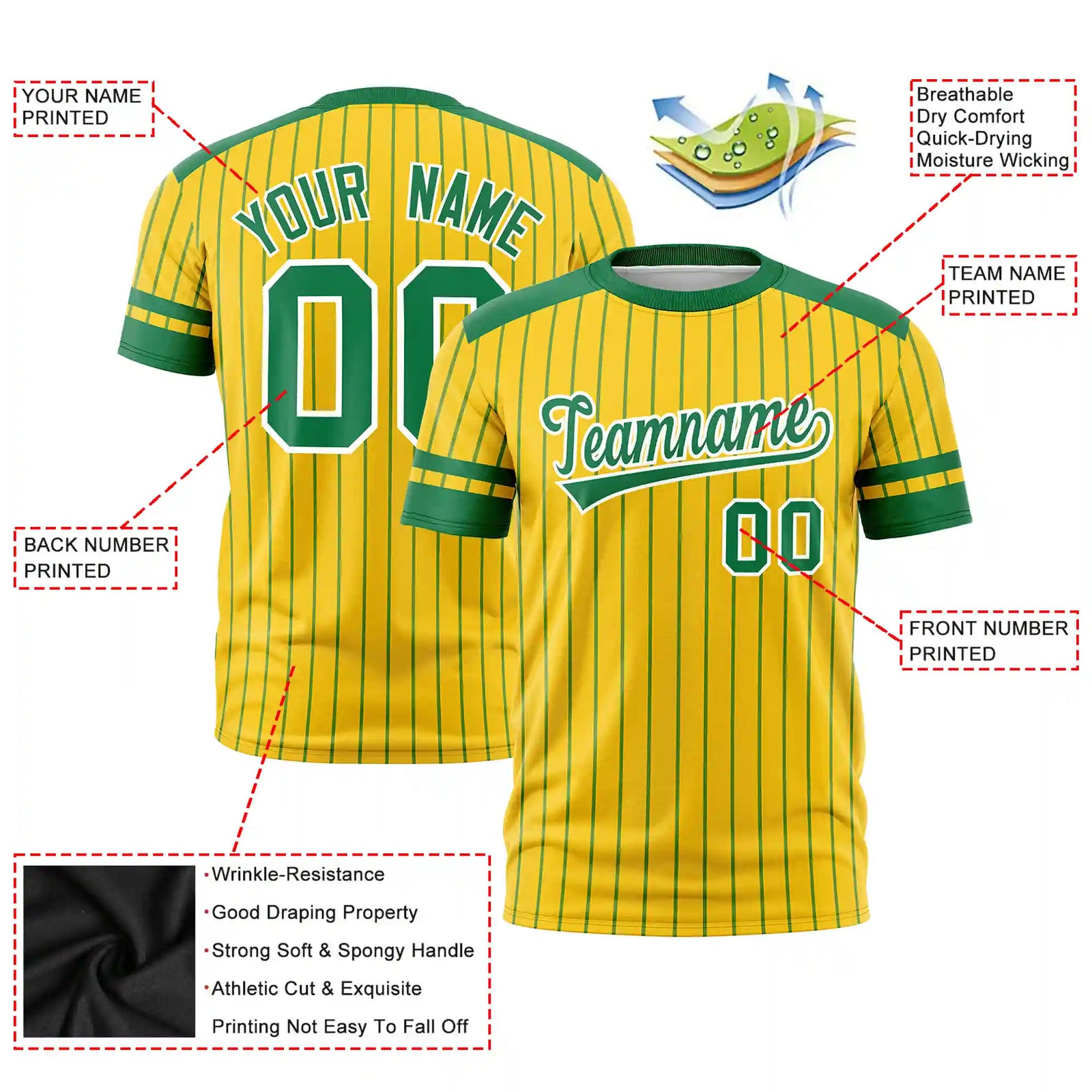 Custom Gold01 Kelly Green-Kelly Green Pinstripe Pattern Design Performance T-Shirt